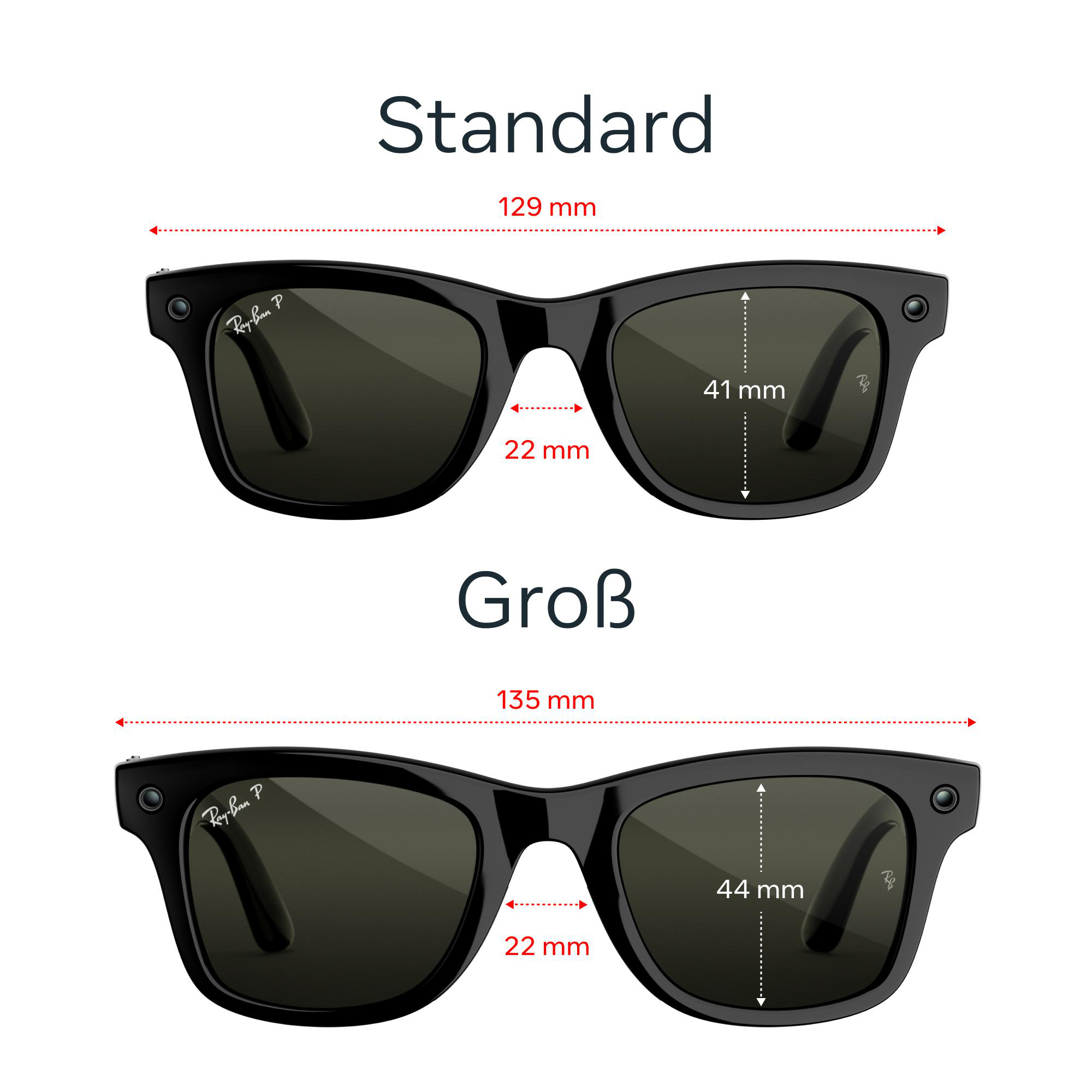 Technische Zeichnung von zwei Ray-Ban-Sonnenbrillen in Standard- und Groß-Größe mit roten Maßangaben.