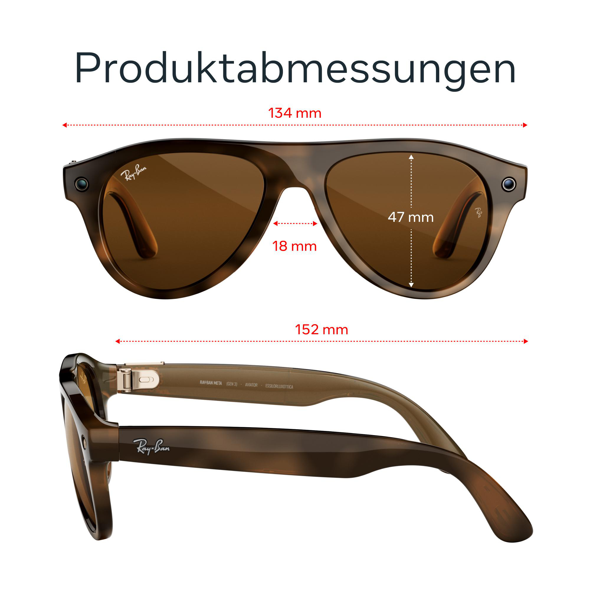 Technische Zeichnung mit Produktabmessungen für Ray-Ban Aviator Sonnenbrillen in Braun.
