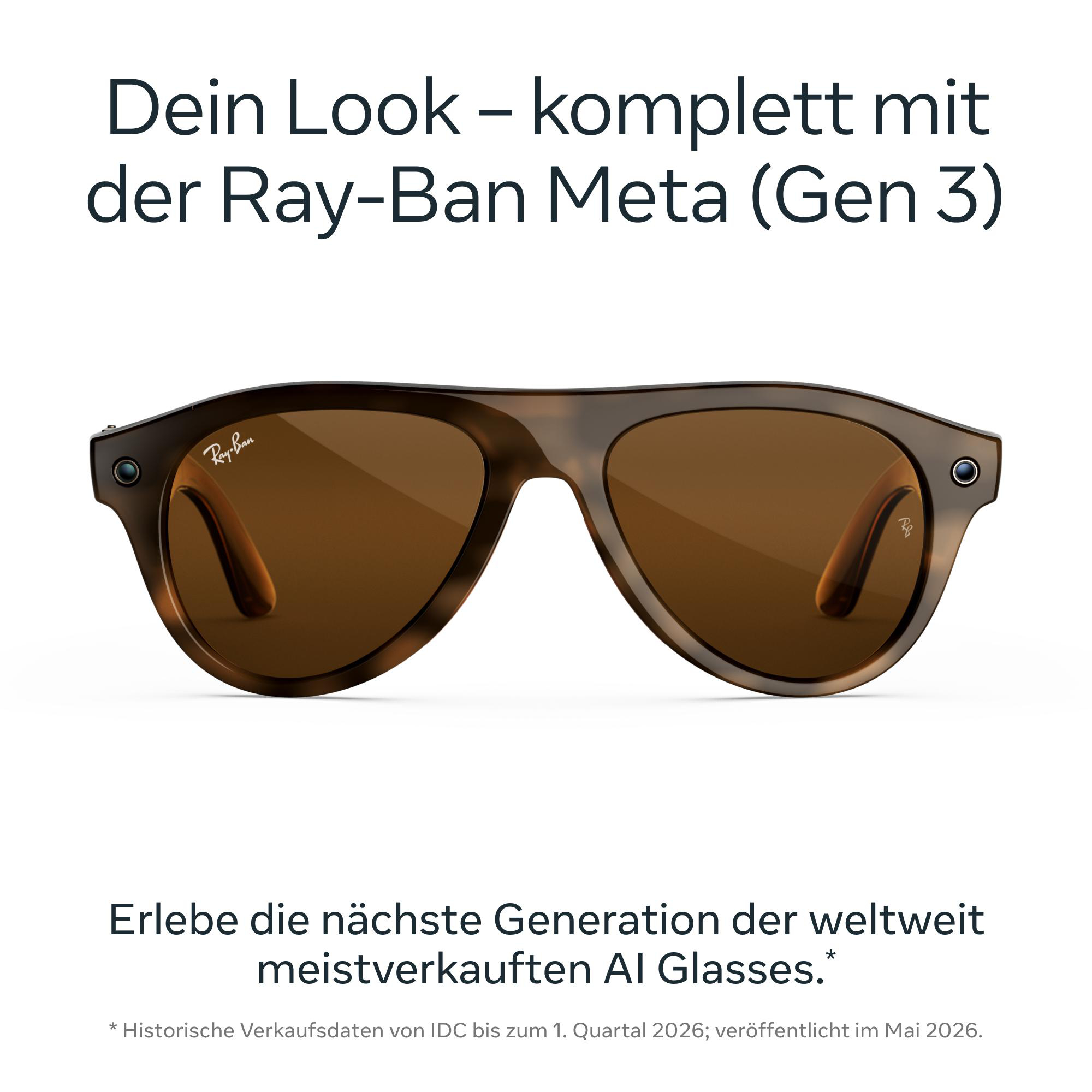 Braune Ray-Ban Meta Smart Glasses mit getönten Gläsern und Werbetext auf weißem Hintergrund.