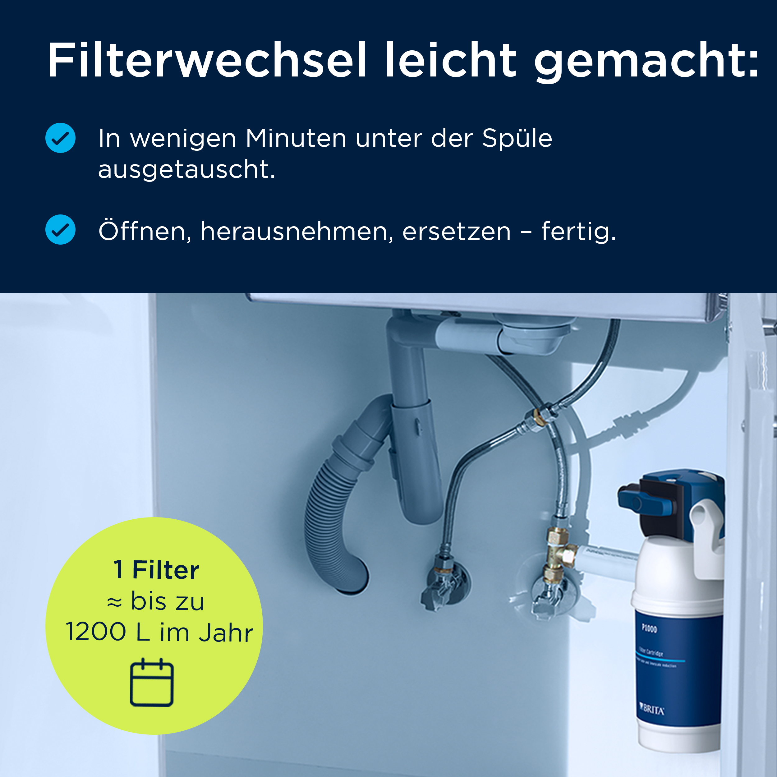 Filterwechsel unter der Spüle leicht gemacht: Einfacher Austausch des blauen Wasserfilters in wenigen Minuten.