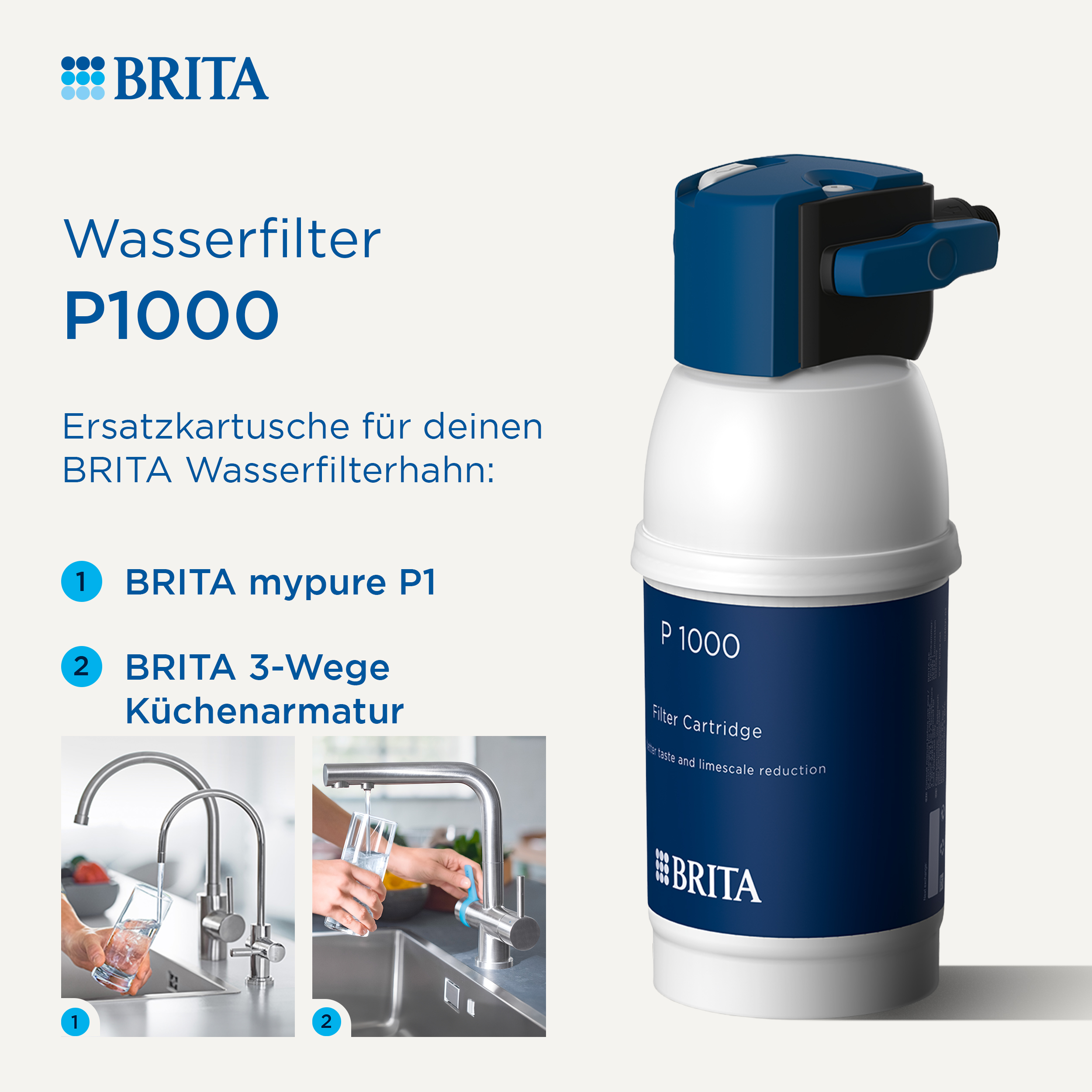 BRITA Wasserfilter P1000 Ersatzkartusche mit zwei kompatiblen Küchenarmaturen und Text auf hellem Hintergrund.