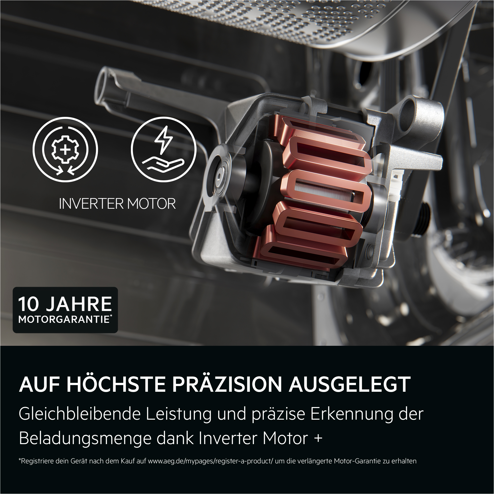 Querschnitt eines Inverter-Motors mit Text zur 10 Jahre Motorgarantie und hoher Präzision.