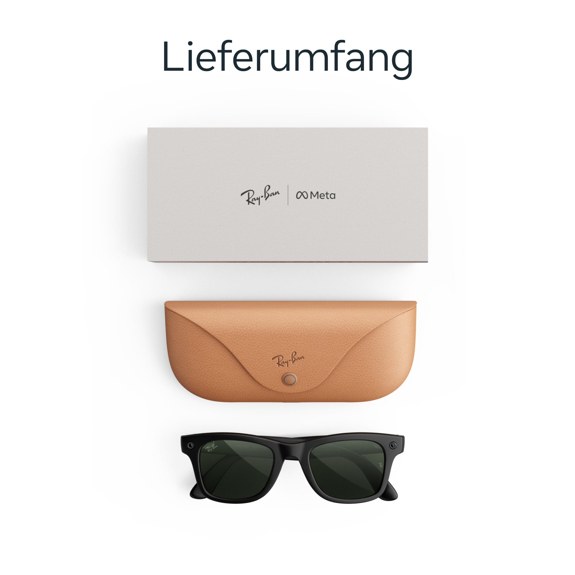 Ray-Ban Meta Brille mit Etui und Verpackung auf weißem Hintergrund.