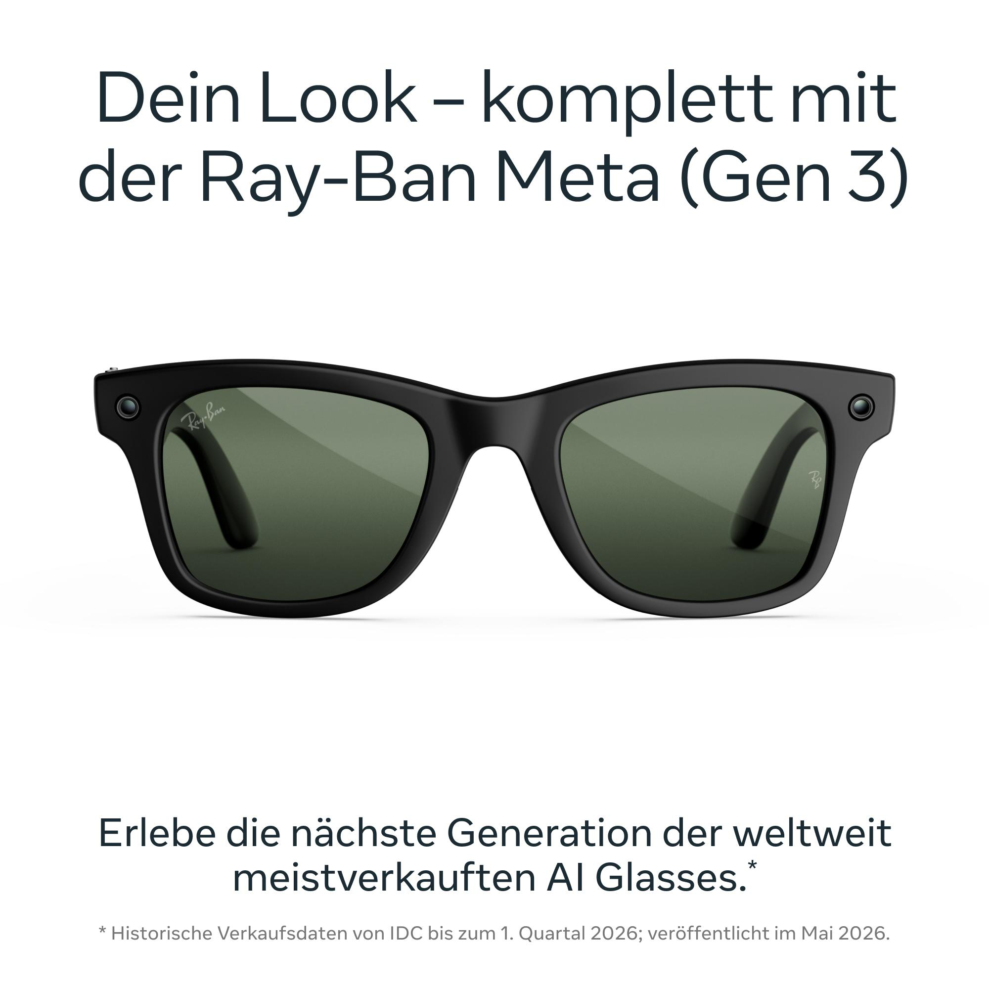 Schwarze Ray-Ban Meta Sonnenbrille mit grünen Gläsern vor weißem Hintergrund mit deutschem Werbetext.