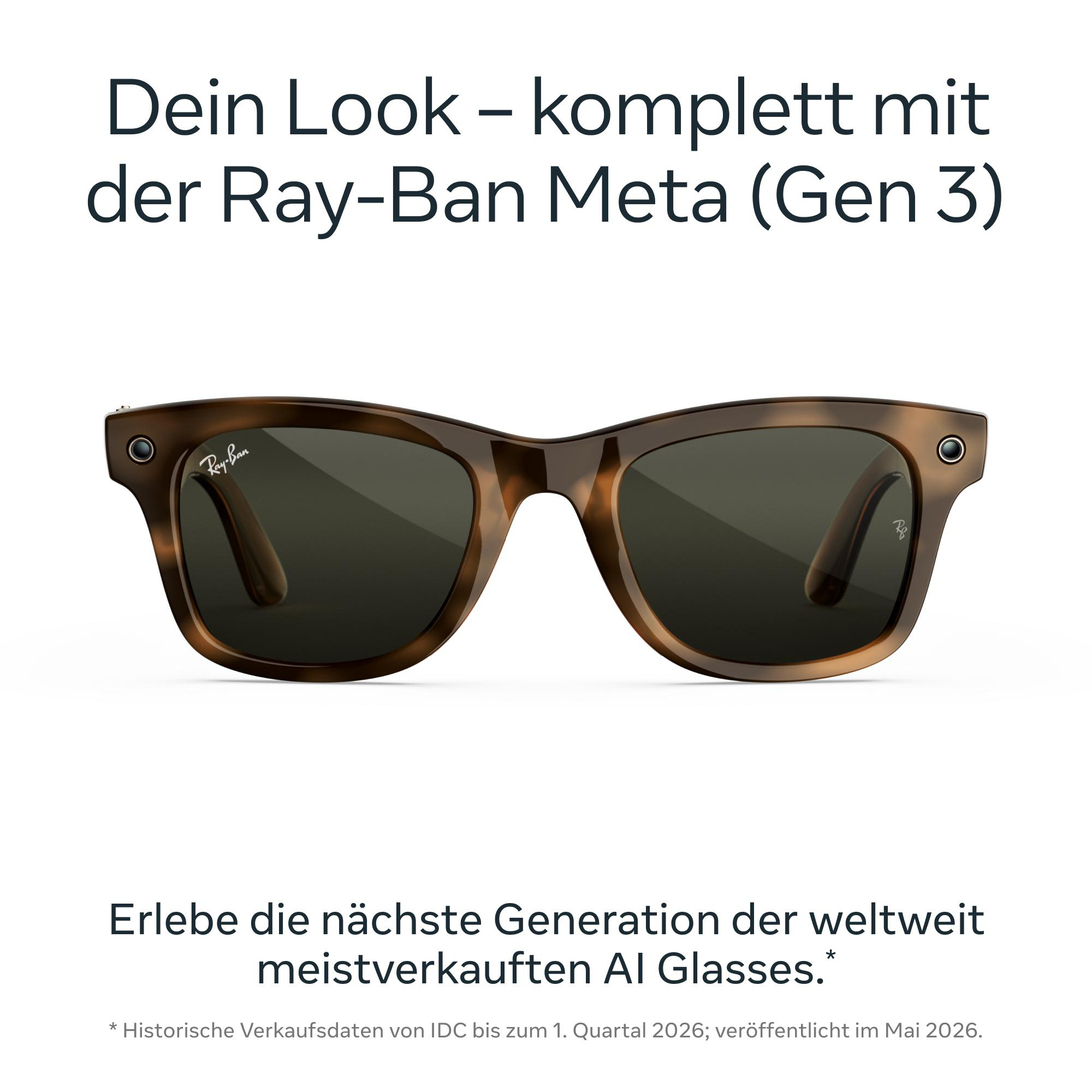 Braune Ray-Ban Meta AI-Smartglasses vor weißem Hintergrund mit Text.