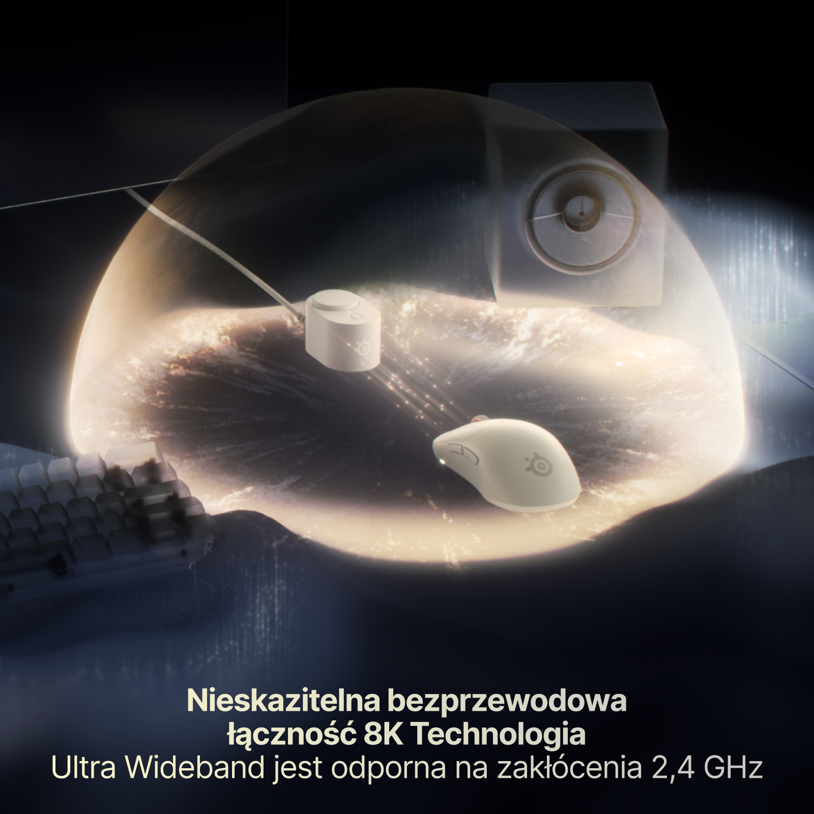 Biała mysz bezprzewodowa i odbiornik pod świecącą kopułą ochronną, ilustrujące technologię łączności.