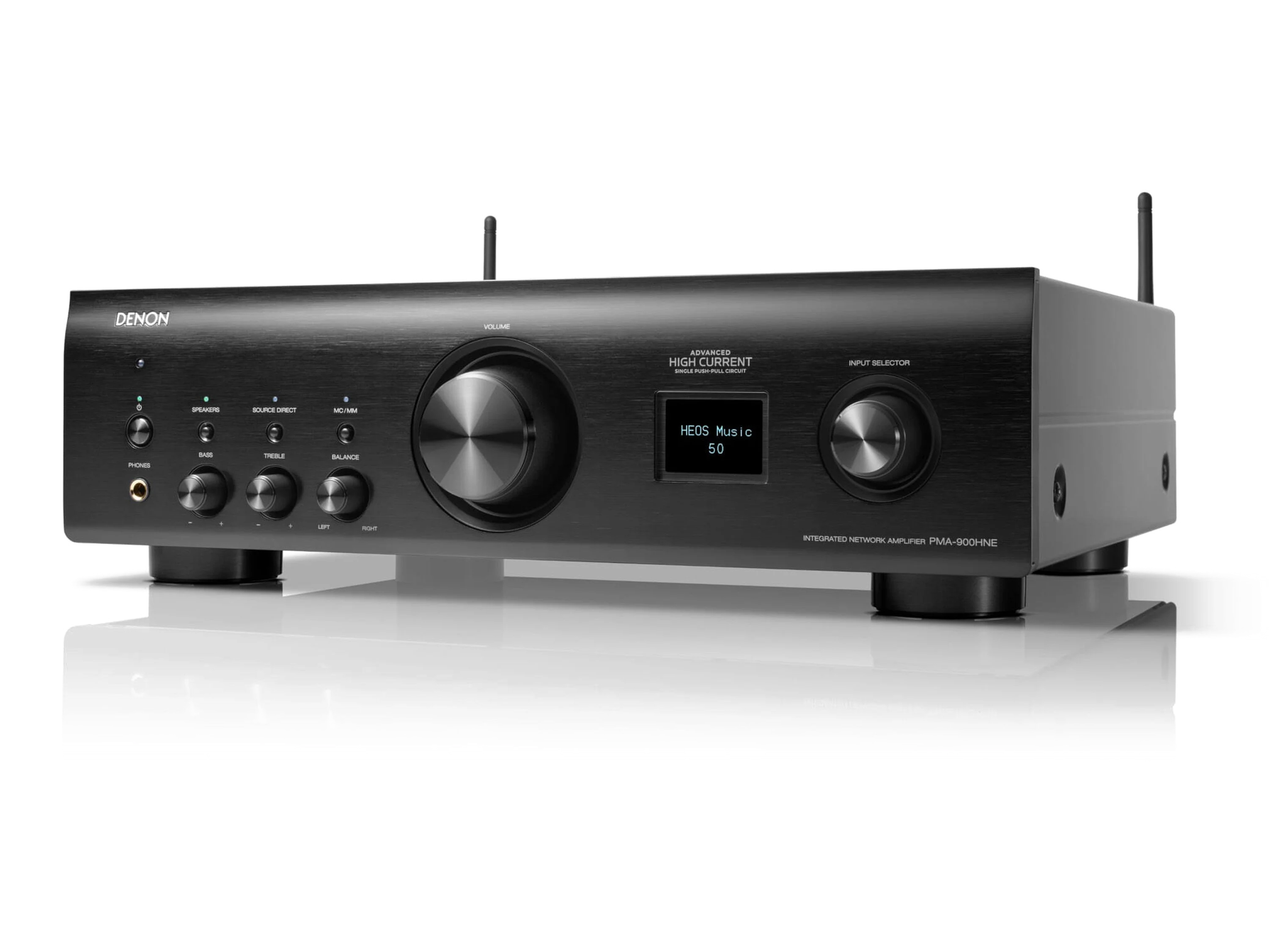Ein schwarzer Denon-Netzwerkverstärker mit Digitaldisplay, großem Lautstärkeregler und mehreren Bedienknöpfen.