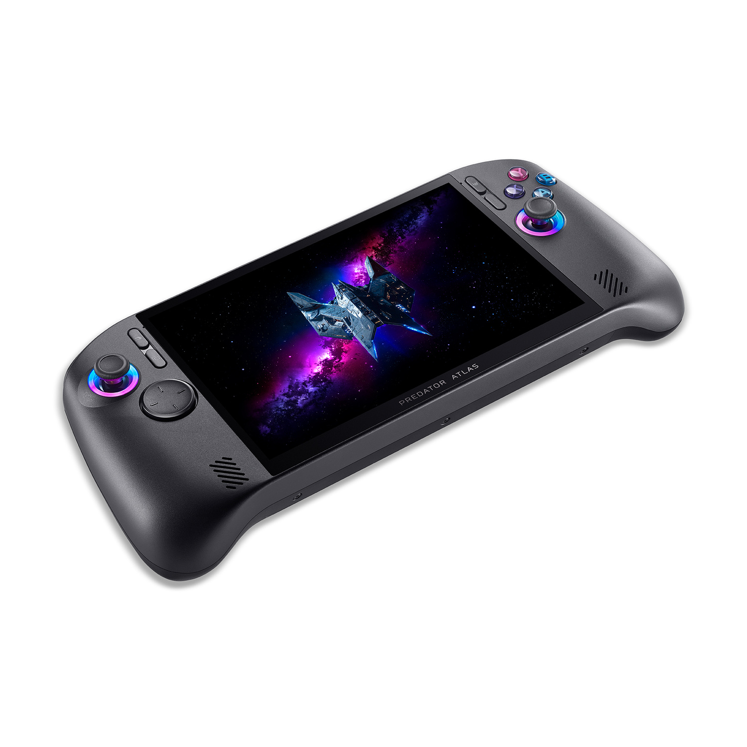 Una console di gioco portatile grigia con joystick illuminati e un'astronave sullo schermo.