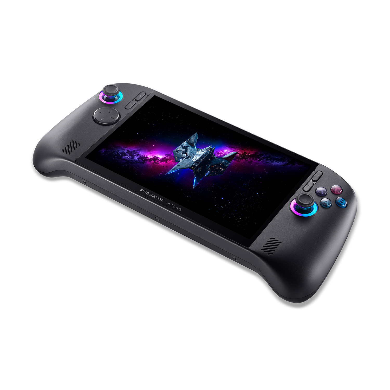 Una console di gioco portatile nera con joystick colorati e una vivace nebulosa spaziale sullo schermo.