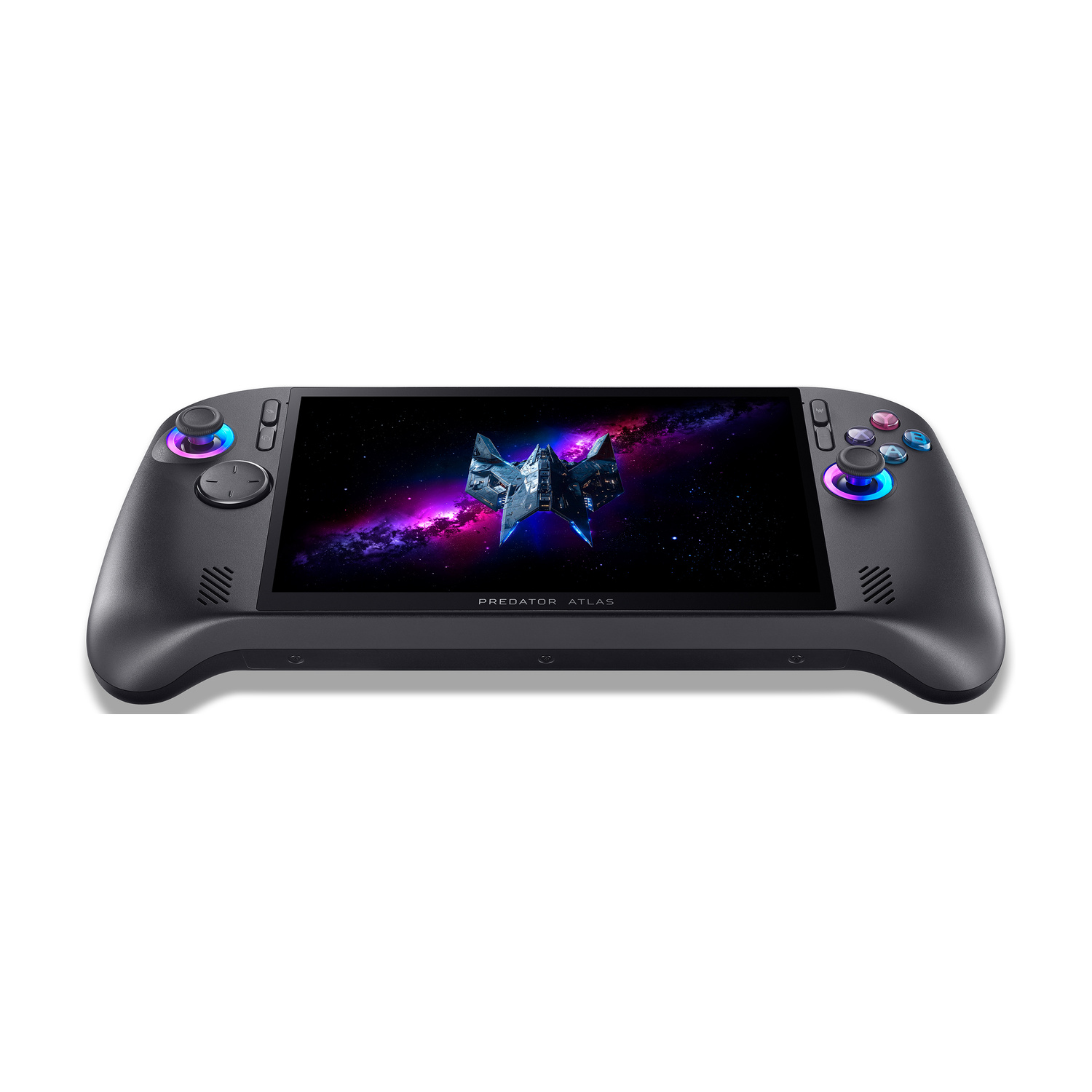 Una console portatile nera con schermo nebulosa e levette RGB luminose.