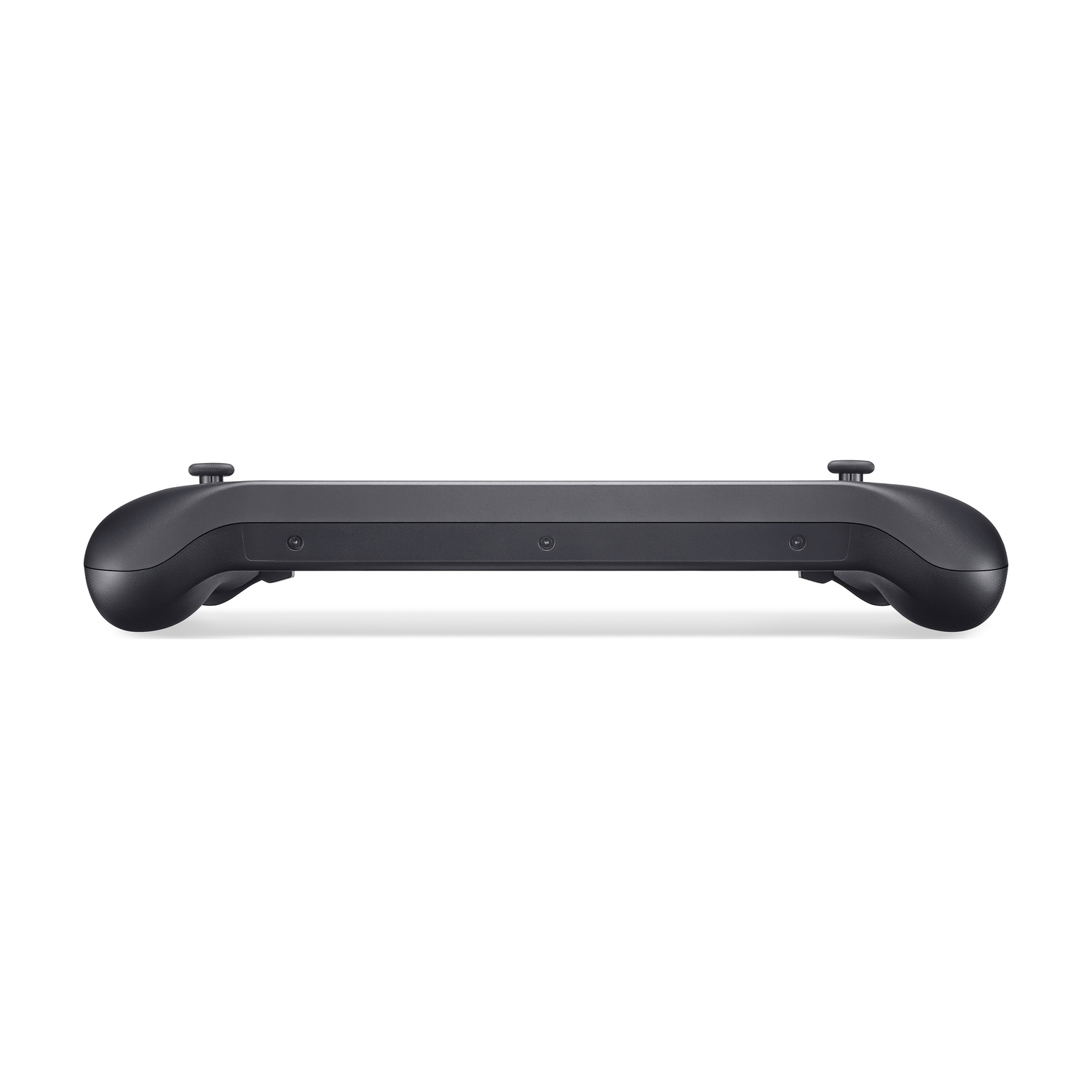 Un controller di gioco nero dal design ergonomico su sfondo bianco.