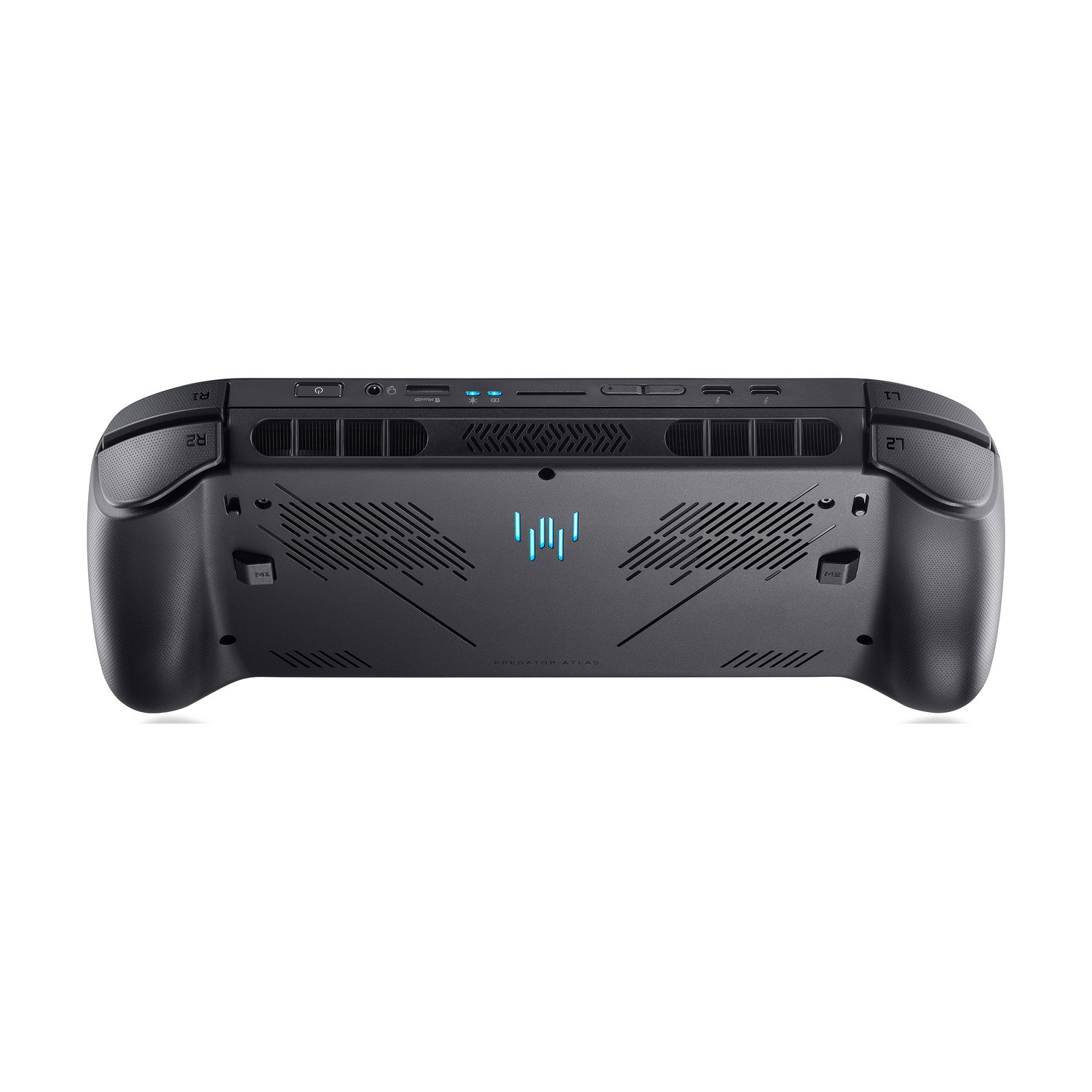 Vista posteriore di una console di gioco portatile nera con feritoie di ventilazione, pulsanti dorsali e porte.