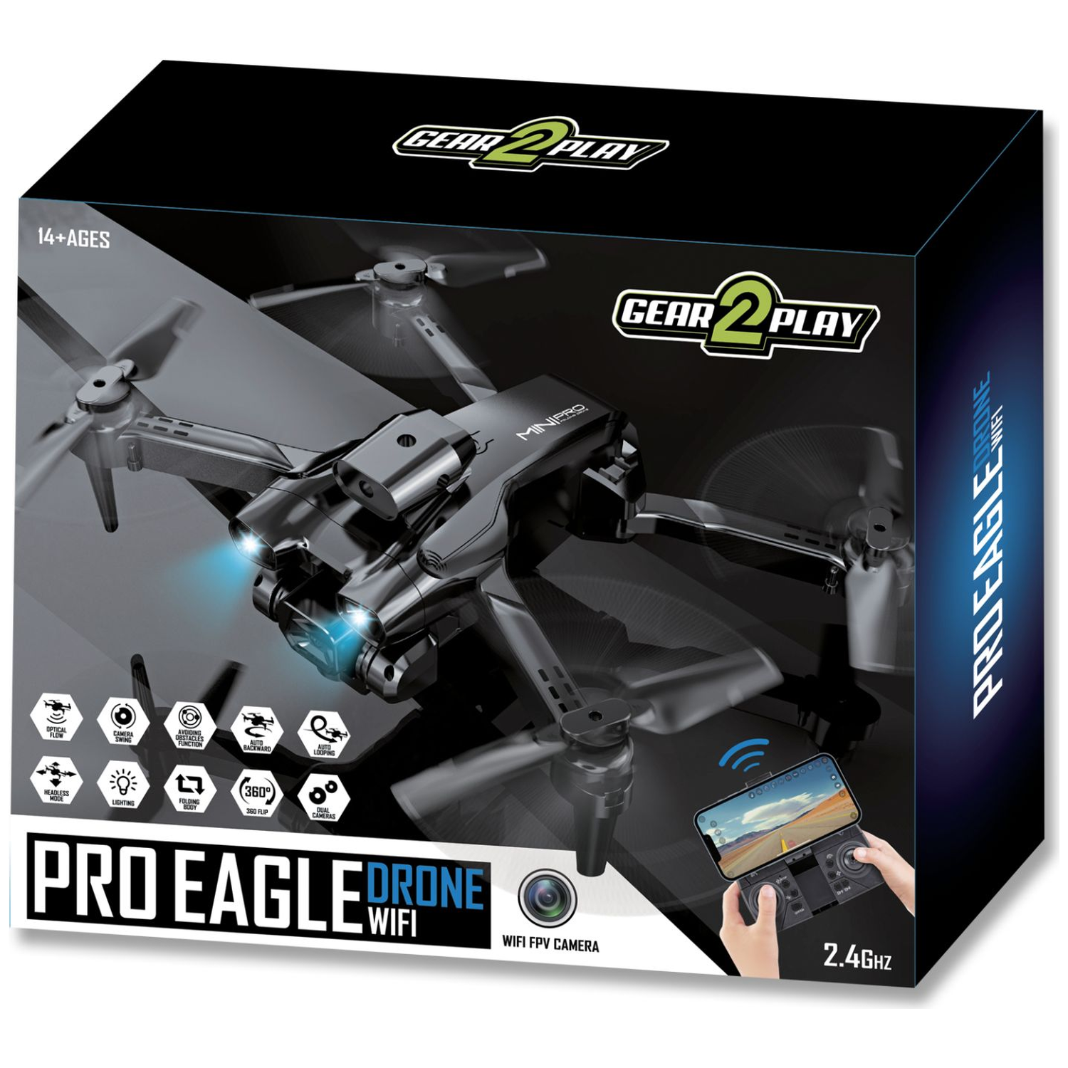 Packaging for Pro Eagle Drone WiFi featuring a black drone, camera, and controller on a dark background.