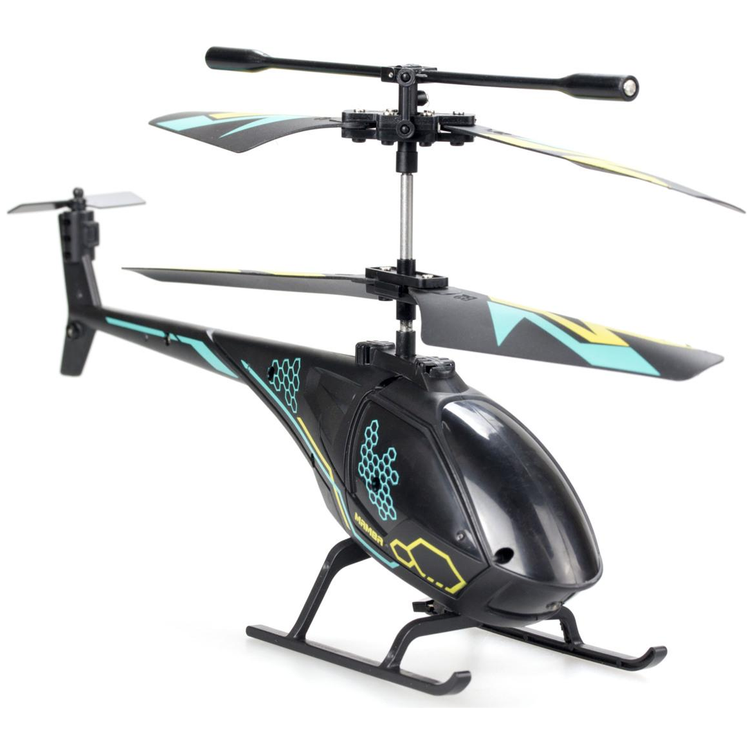 A small black toy helicopter with blue and yellow patterns against a white background.