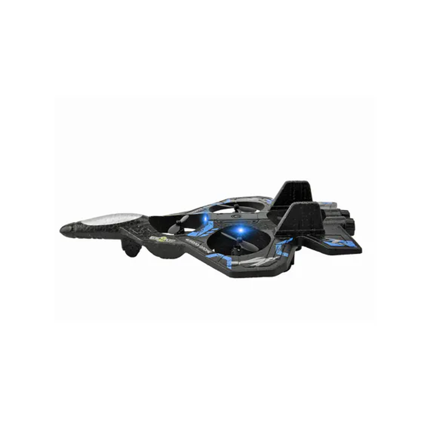A black toy fighter jet with blue accents and glowing blue LEDs on a white background.