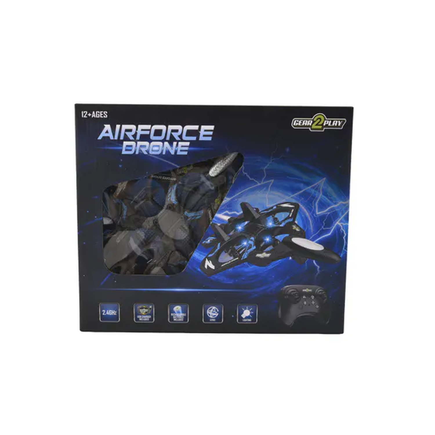 Box of the Airforce Drone showing a black quadcopter, remote control, and blue lighting effects on a dark blue background.