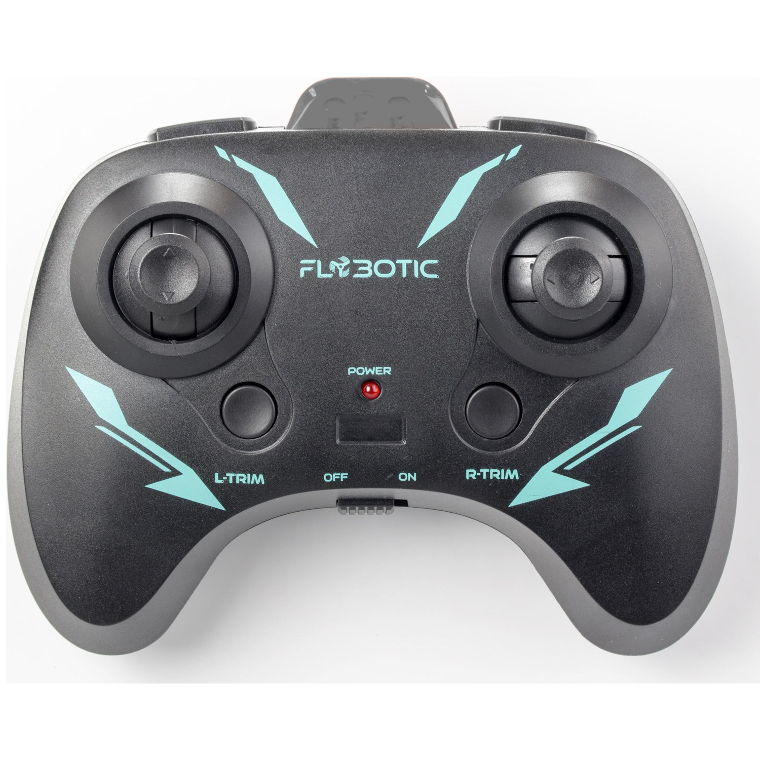 Black Flybotic remote control featuring dual joysticks, light blue accents, and a red power LED.