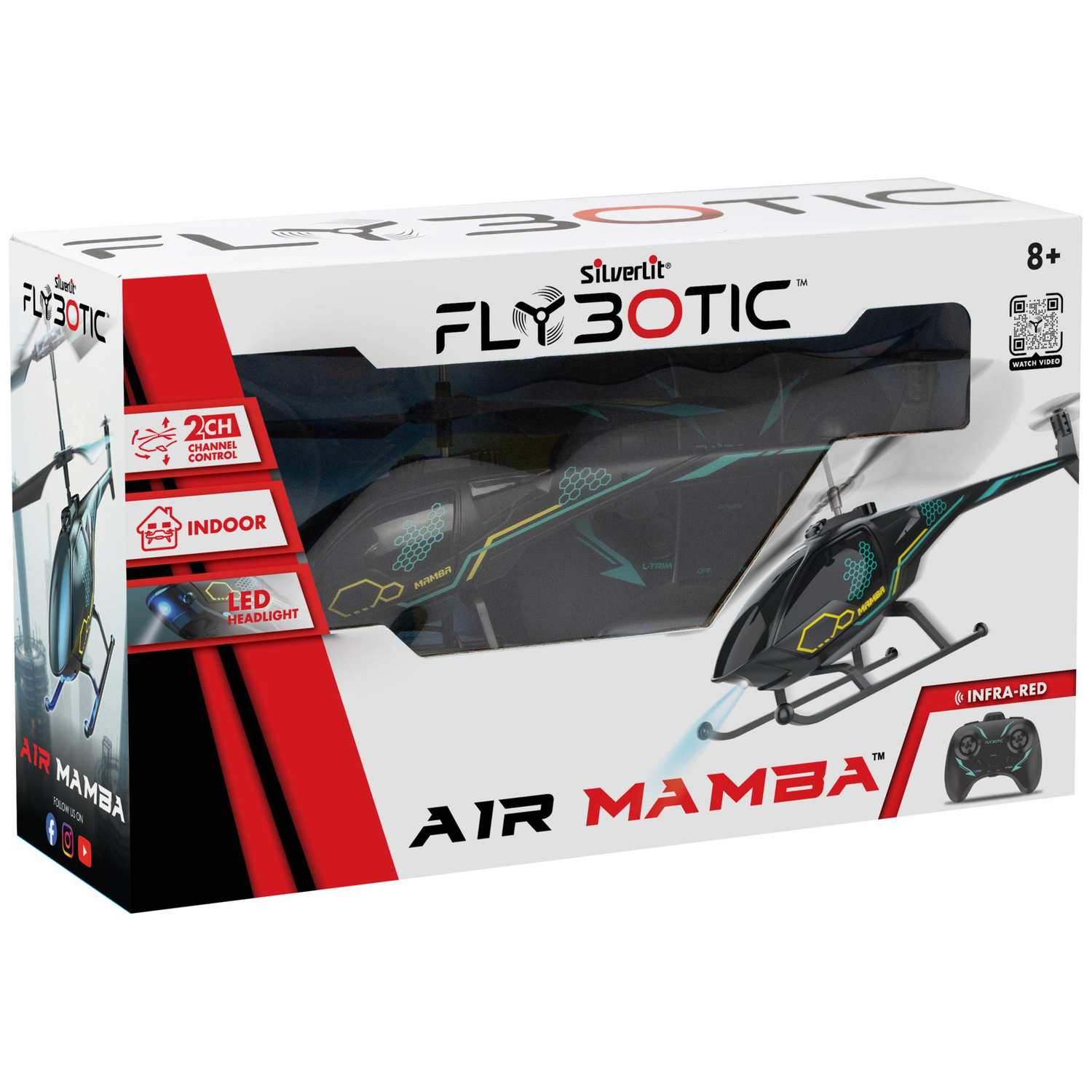 Packaging for a Flybotic Air Mamba RC helicopter toy with remote control.