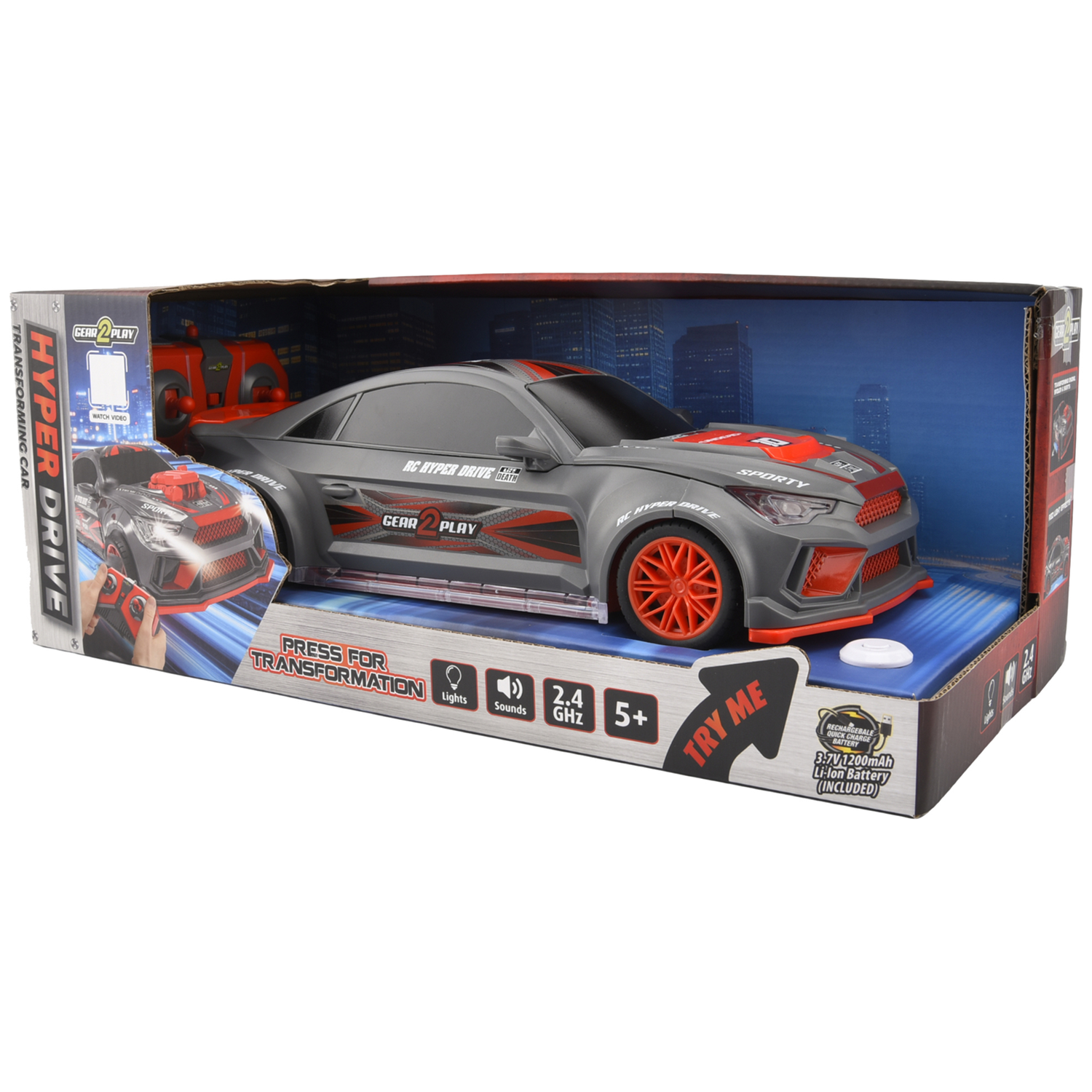 A gray RC Hyper Drive car with red accents inside its packaging, including a remote control.