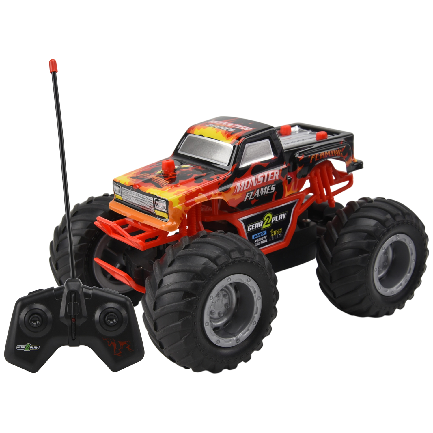A black and orange monster truck toy with large black tires and its black remote control on a white background.