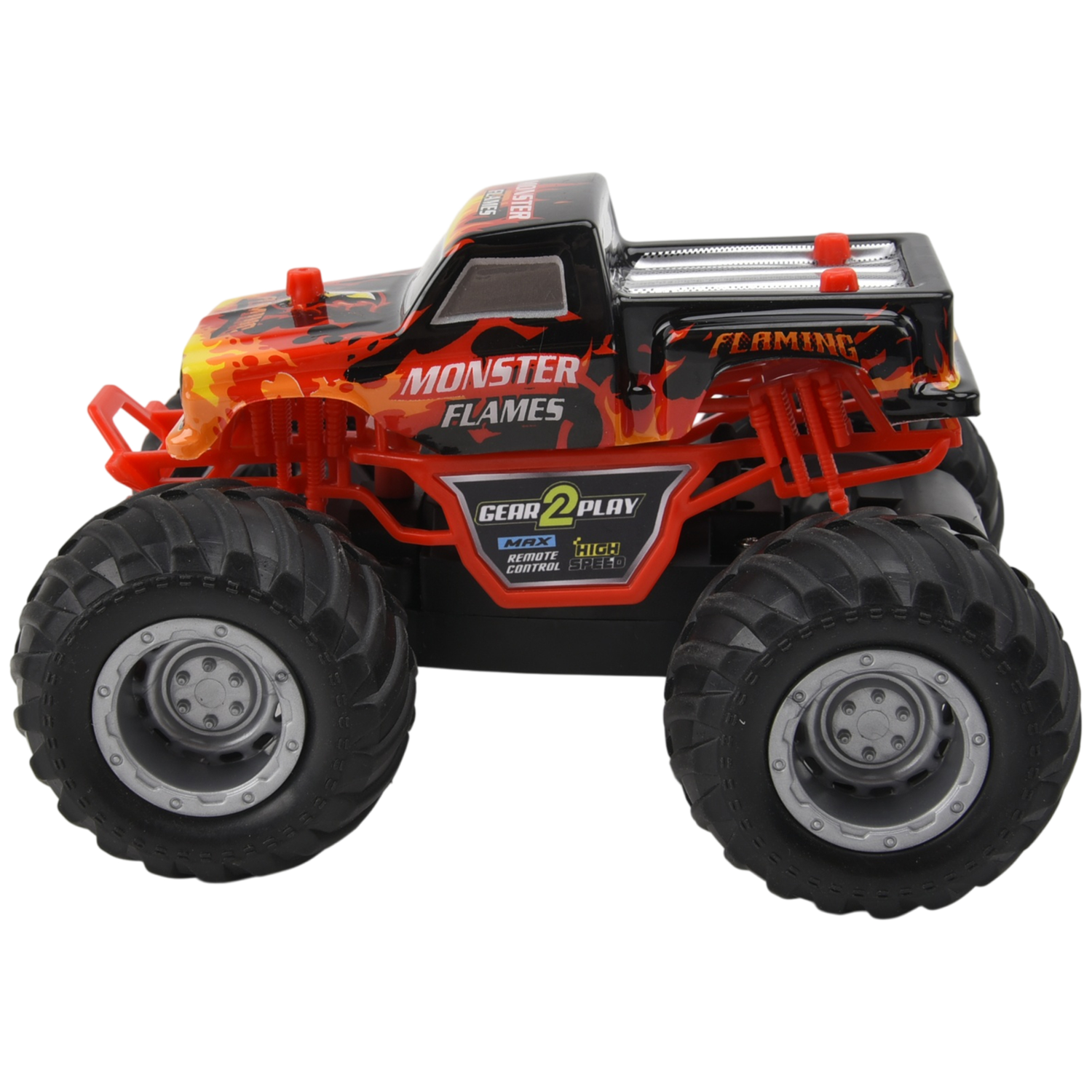 A black and red monster truck toy with large tires and flame graphics, shown against a white background.