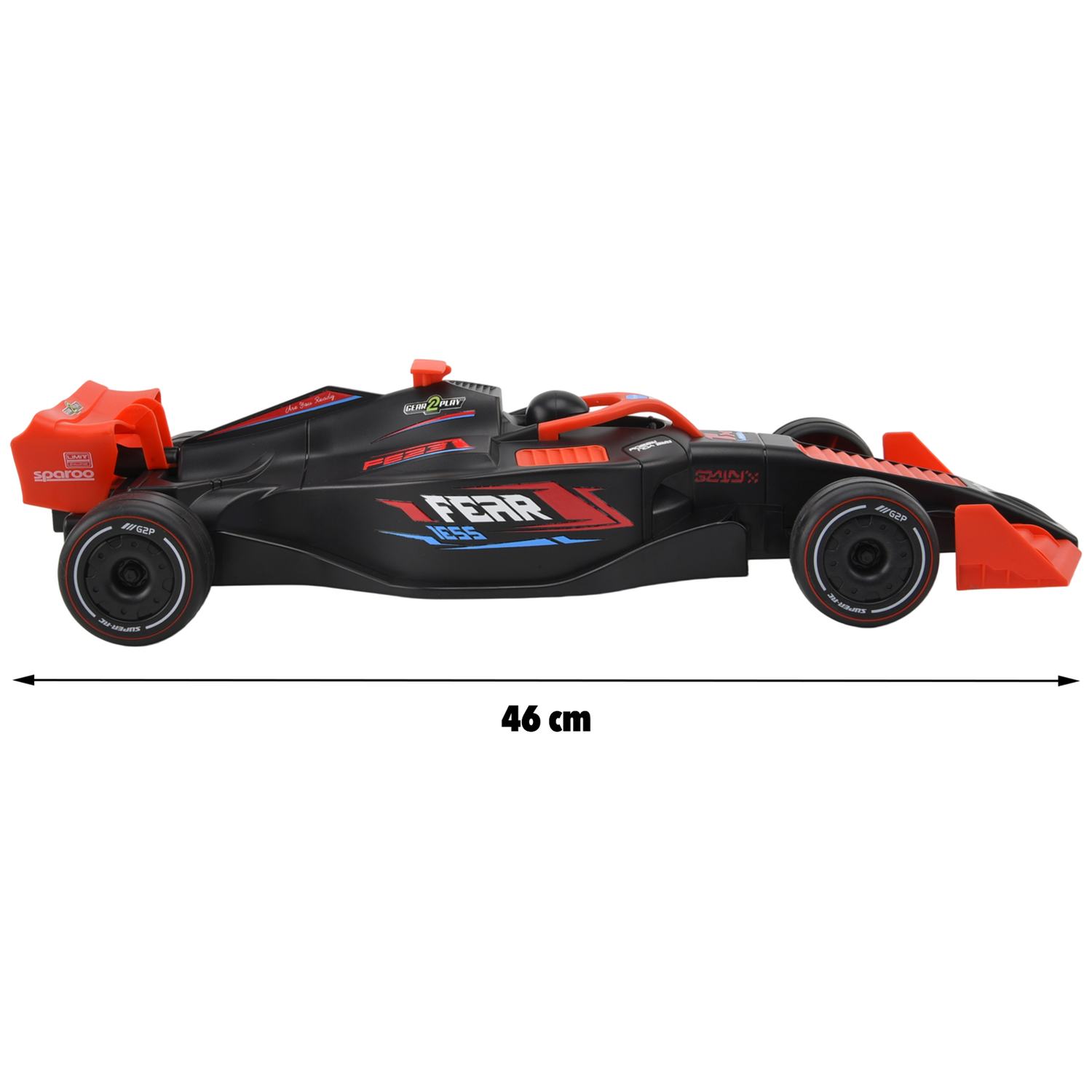 A black toy Formula 1 car with red and blue details, showing a 46 cm measurement on a white background.