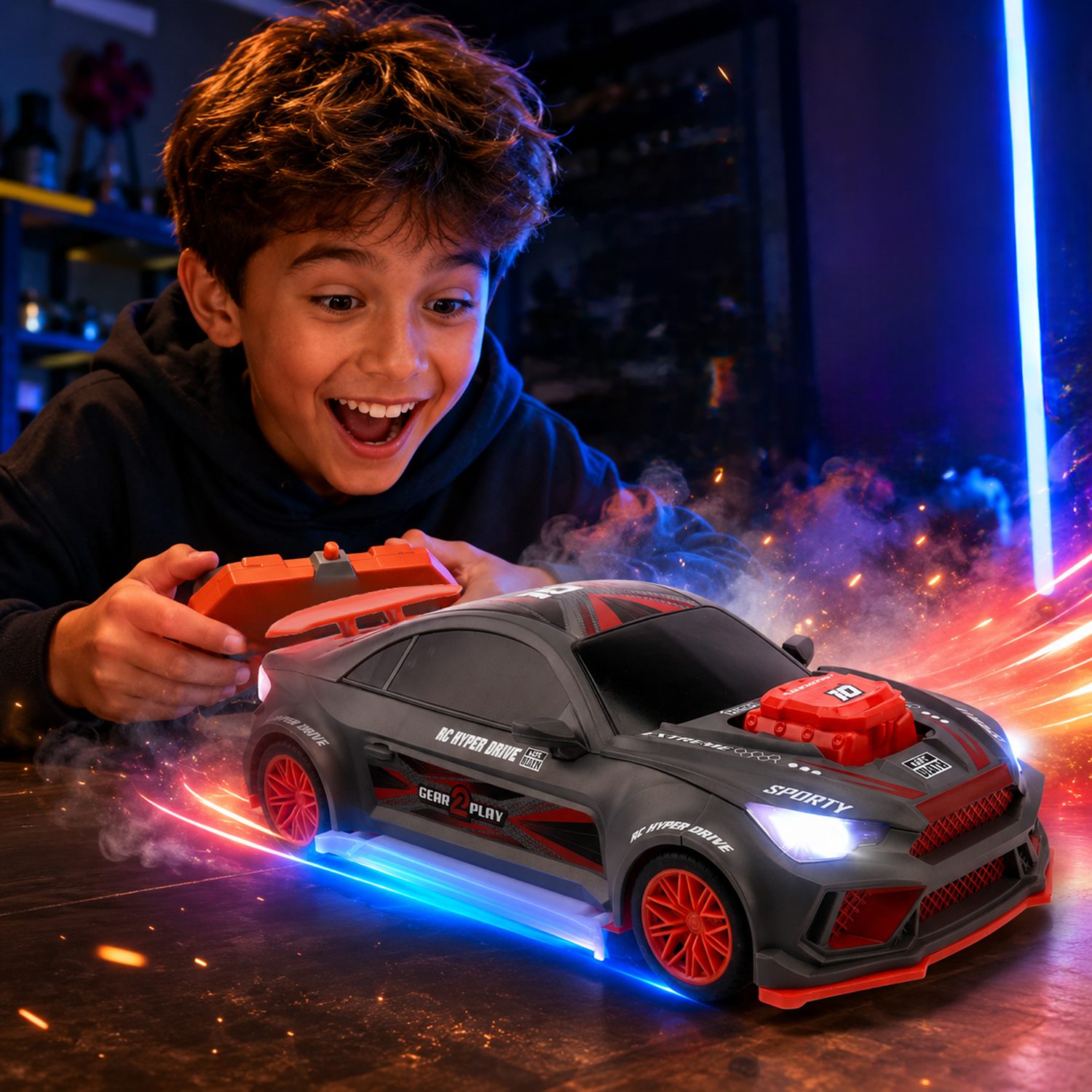A young boy excitedly controls a glowing remote-control car on a dark table.