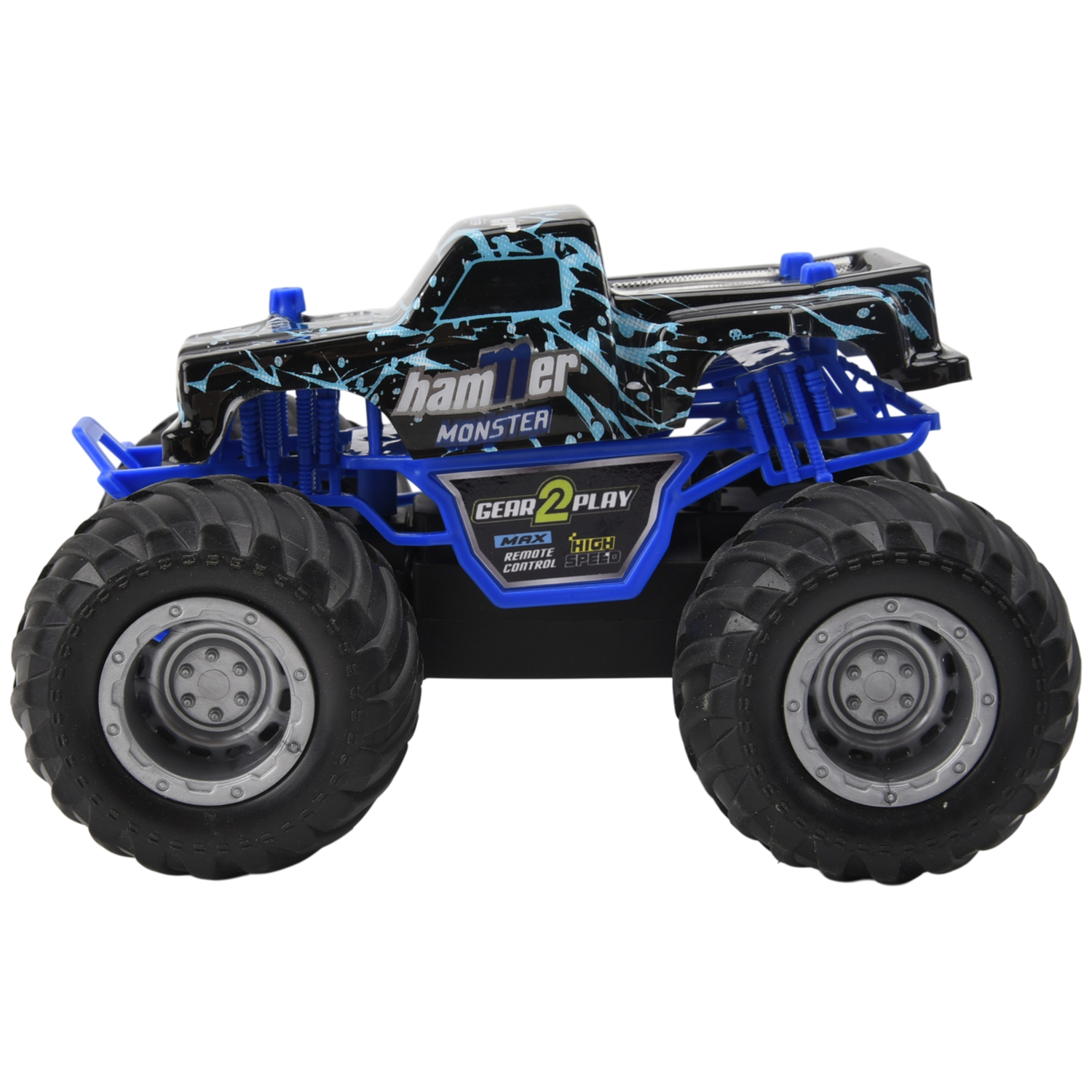 Black and blue monster truck toy car with large tires and blue splash graphics.