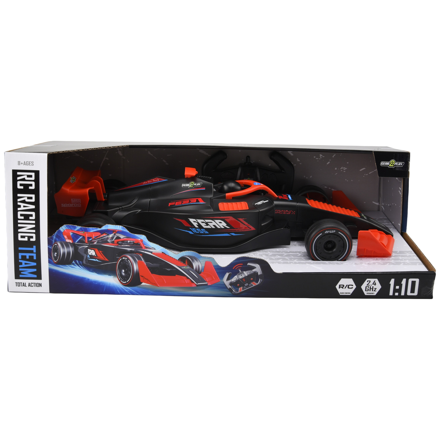A black and red 1:10 scale RC racing car with a remote control inside its packaging.