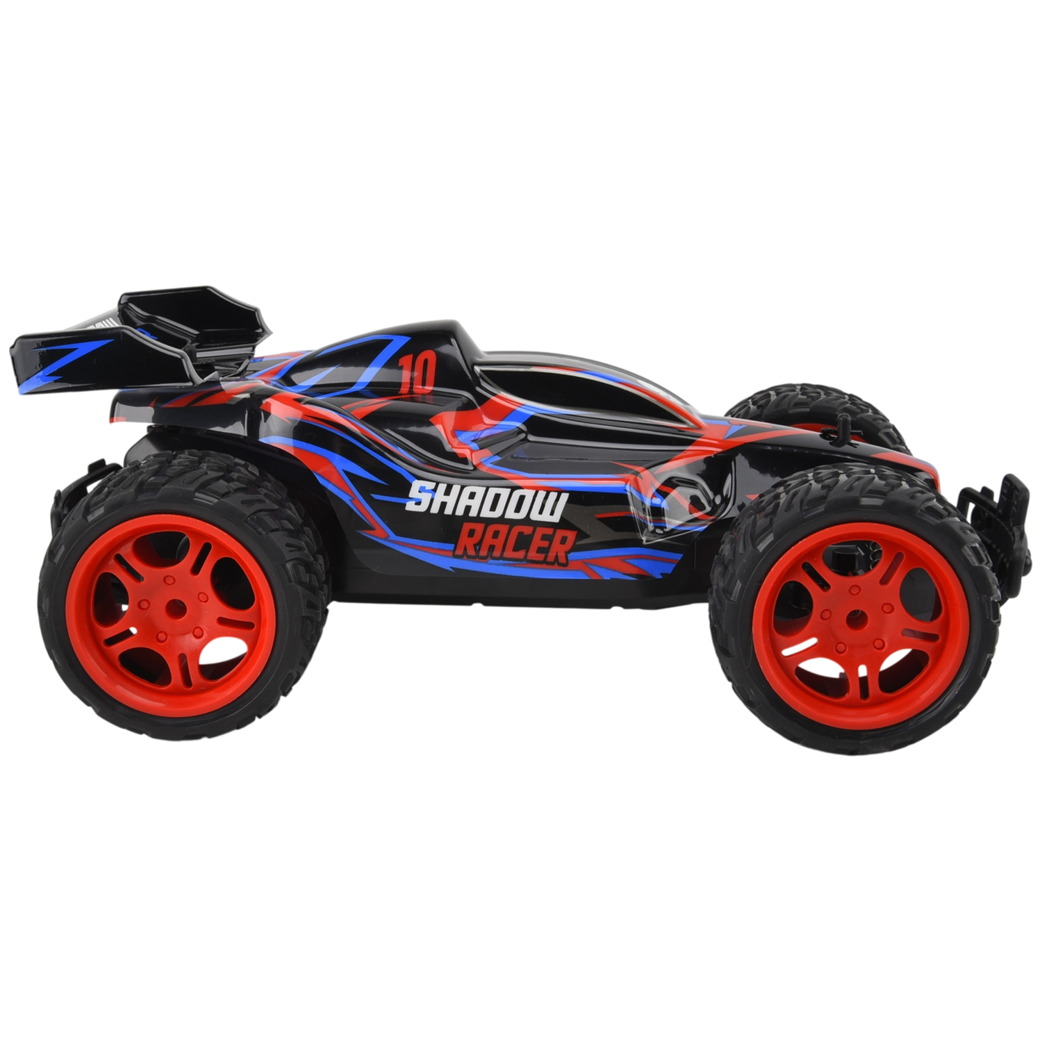A black RC car named Shadow Racer with red rims and blue and red patterns on the body.