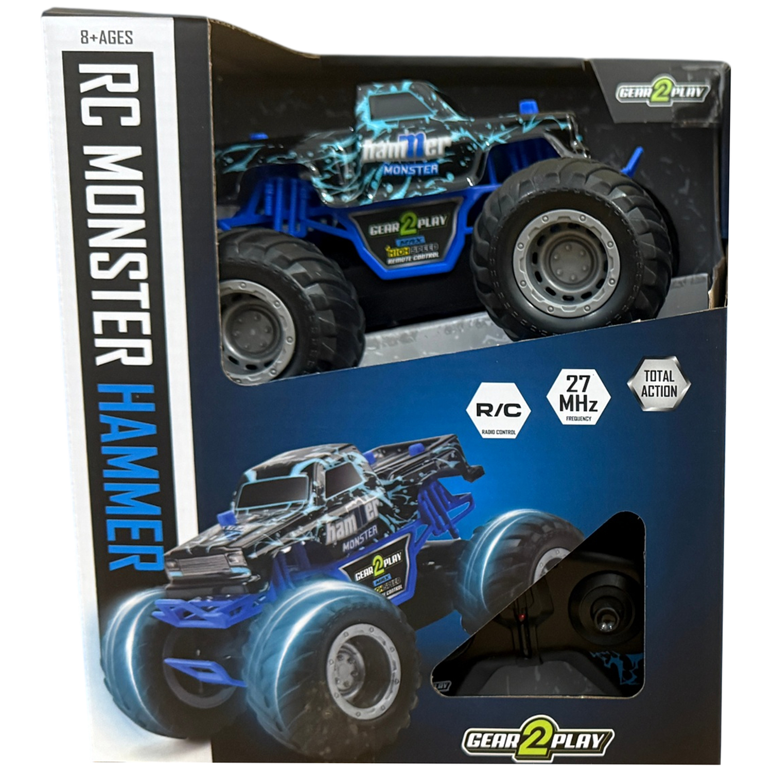 A black and blue RC monster truck toy in its packaging box, labeled RC Monster Hammer.