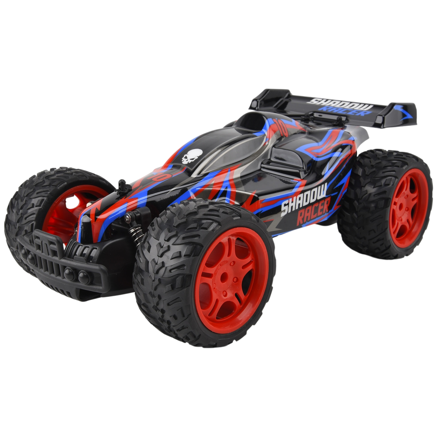 A black remote-controlled buggy with red and blue accents, large knobby tires, and red rims.