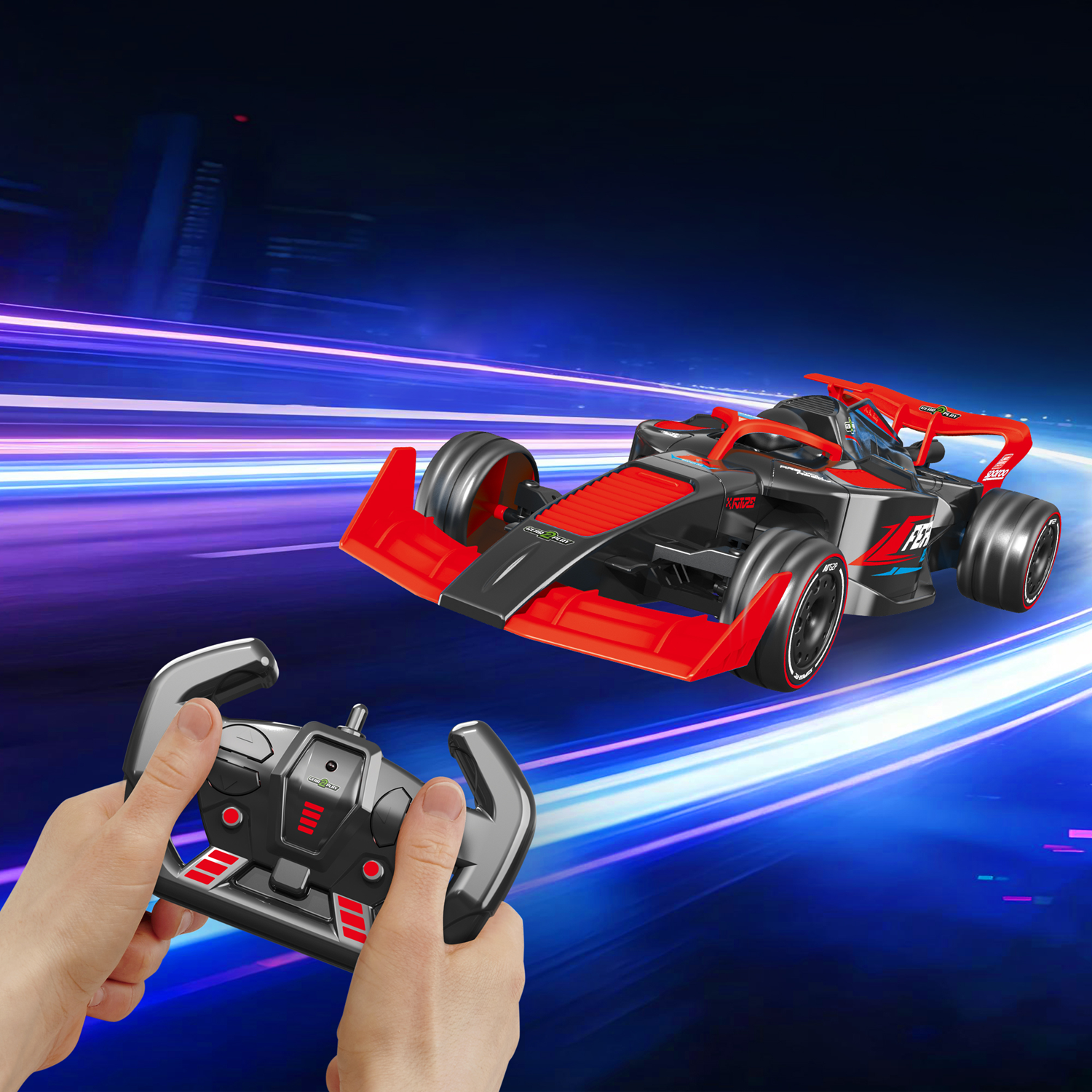 Hands control a black and red formula racing car on a light-streaked night track.