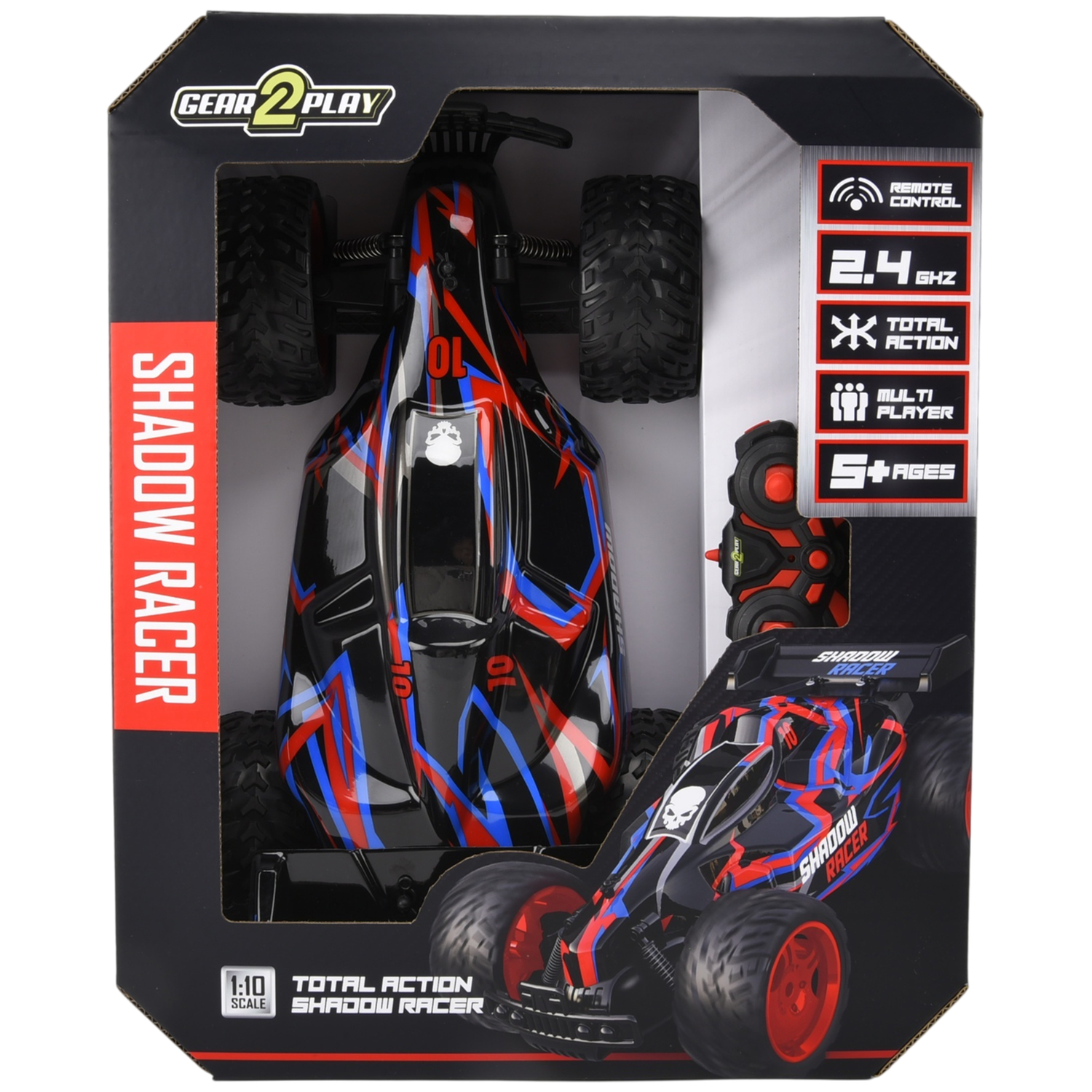 Boxed Shadow Racer RC buggy in black with red and blue accents, including remote control.