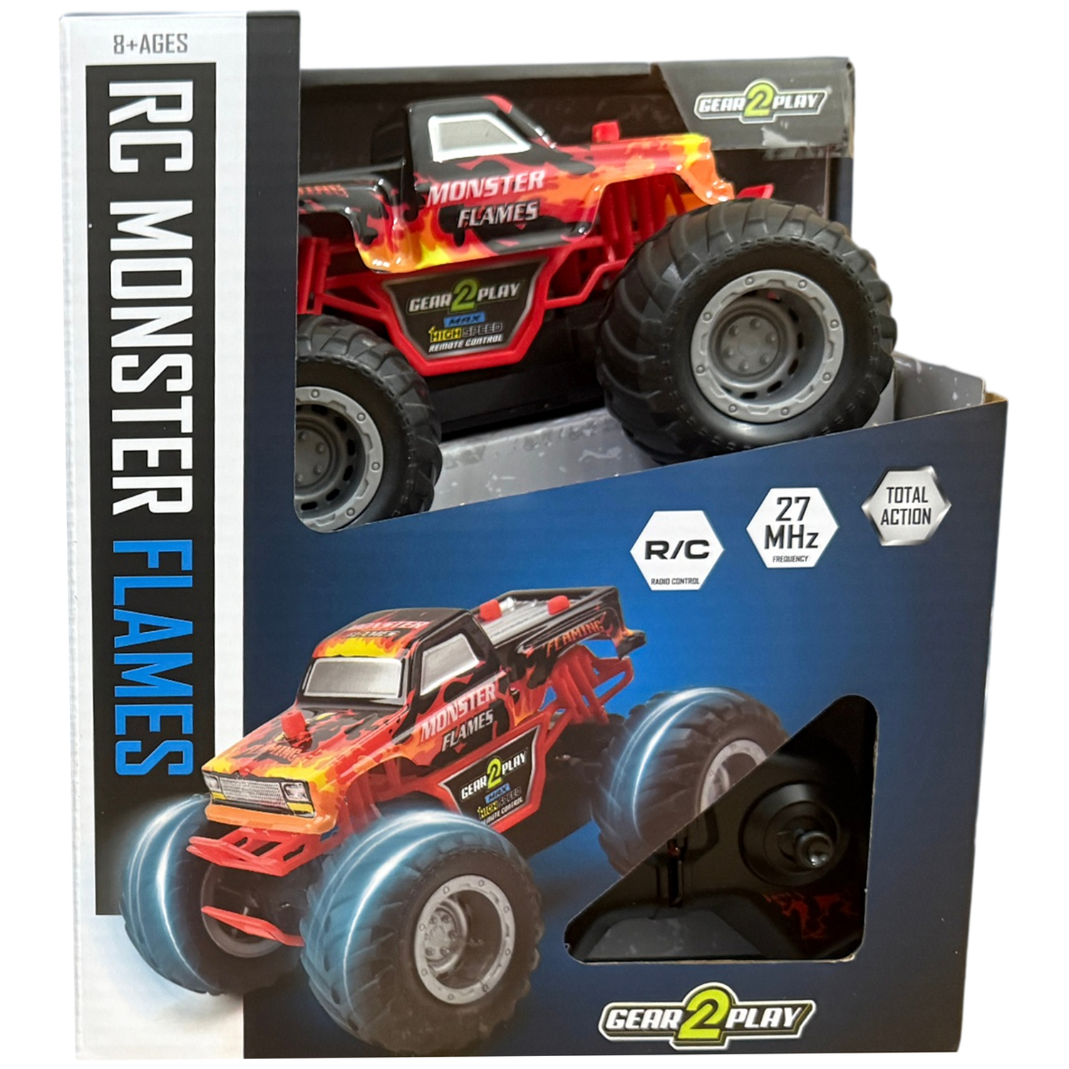 Packaging for an RC Monster Flames toy truck with flame patterns and remote control.