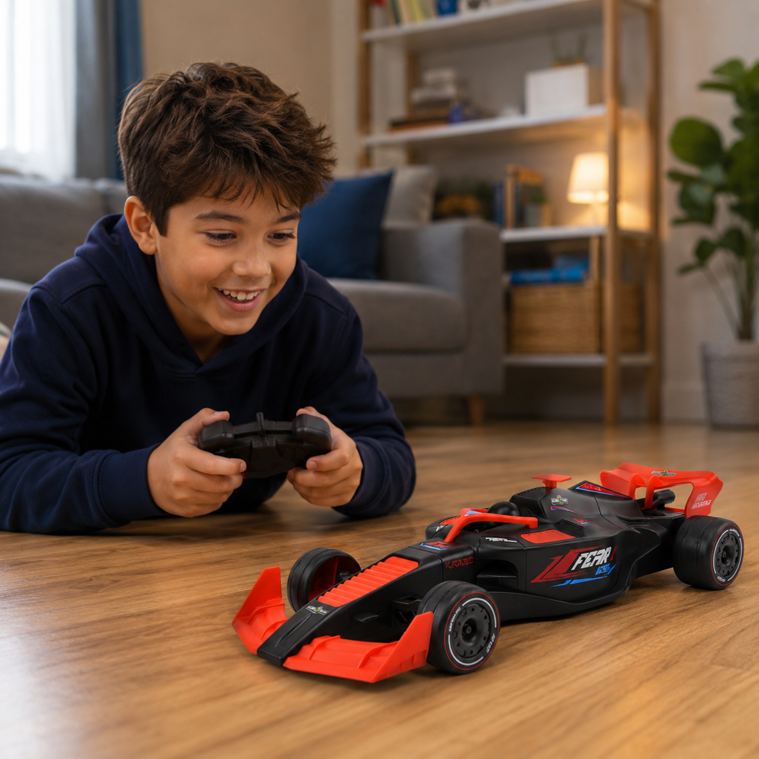 A smiling boy lies on a wooden floor, operating a black and red remote-controlled toy race car.