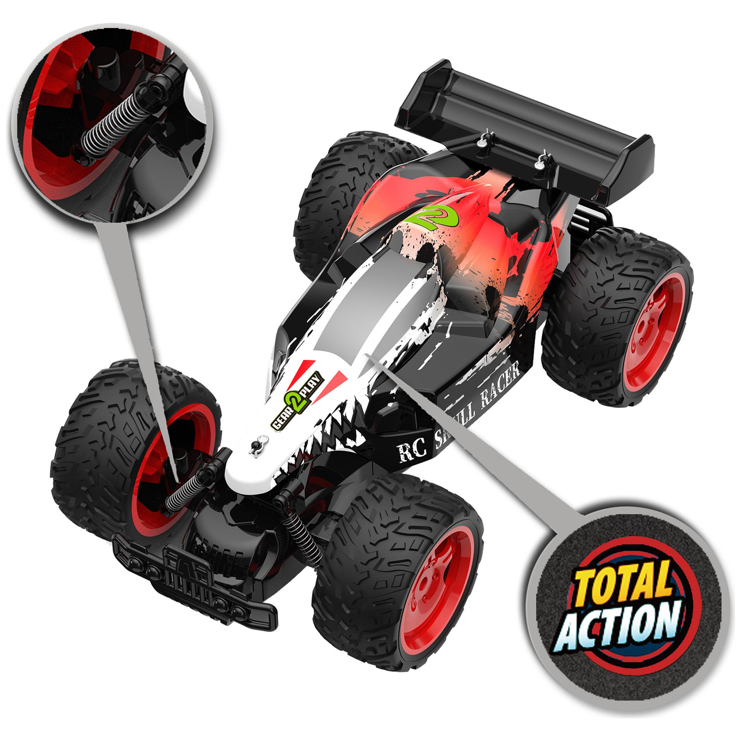 A black, white, and red RC monster truck with large tires and magnified callouts showing spring suspension and total action.