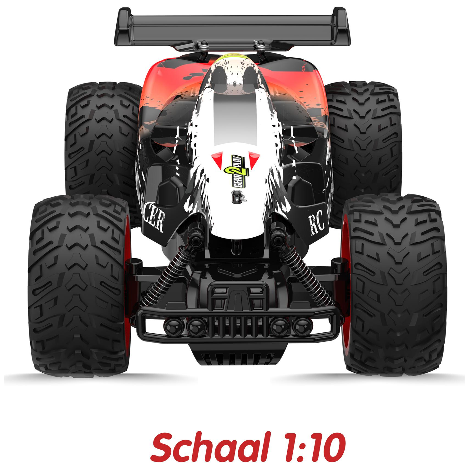 Front view of a red and black remote-controlled monster truck with large tires and text Schaal 1:10 below.
