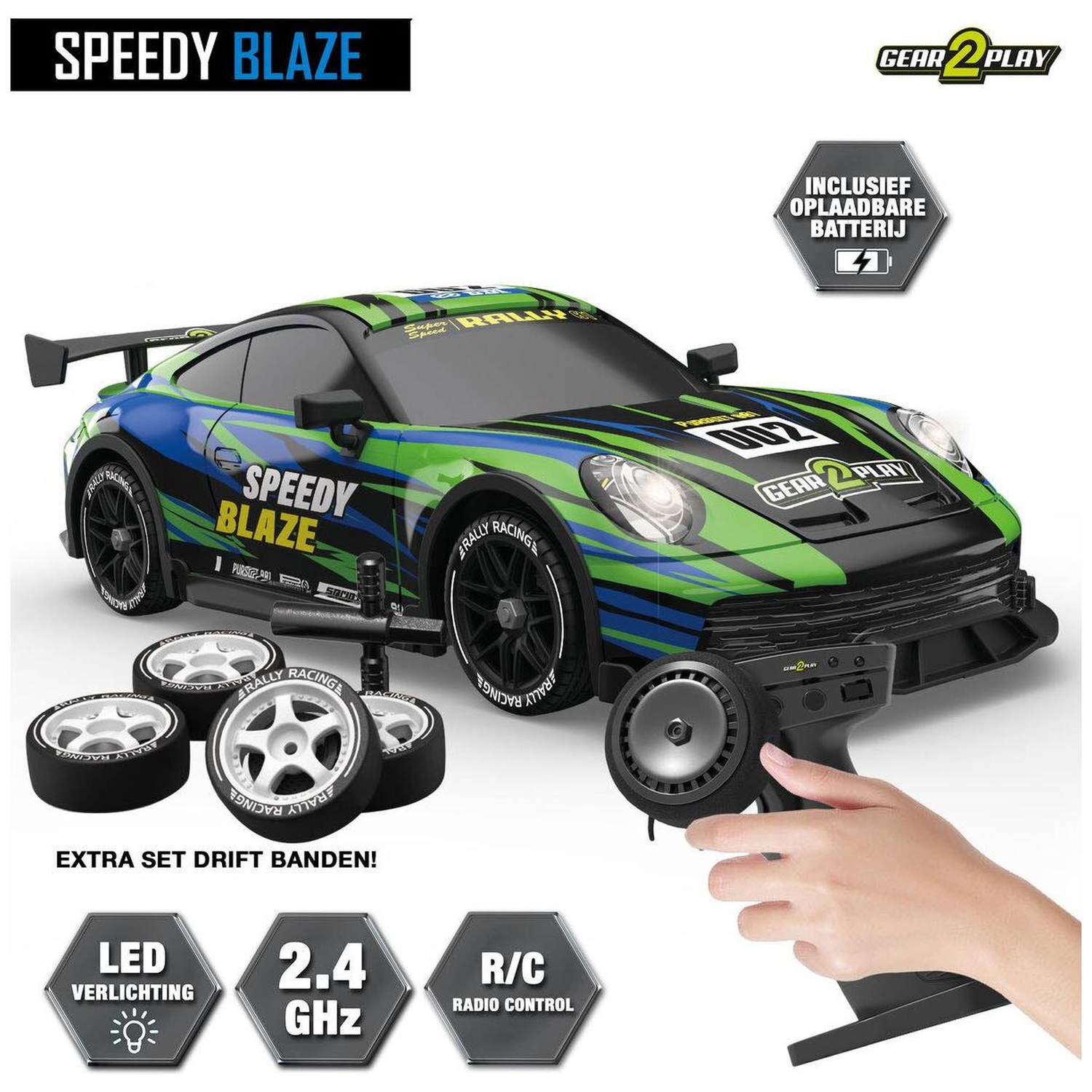 Green and blue RC rally car Speedy Blaze with remote control, spare tires, and LED lights on a white background.