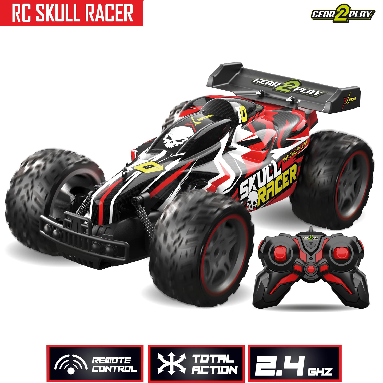 Red and black RC Skull Racer toy car with large rear wing and remote.