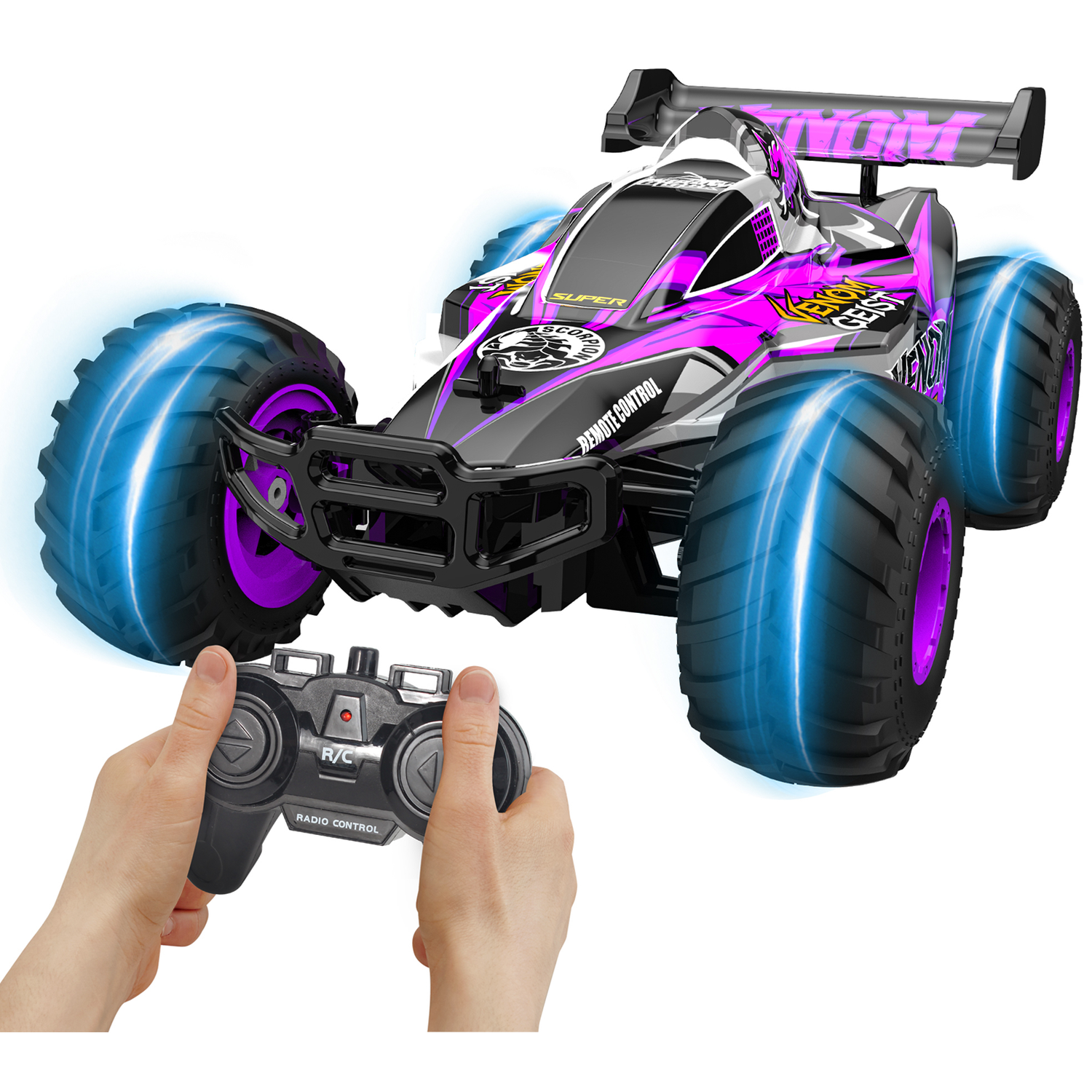 A remote-controlled purple and black race car with glowing wheels is being controlled by a remote.