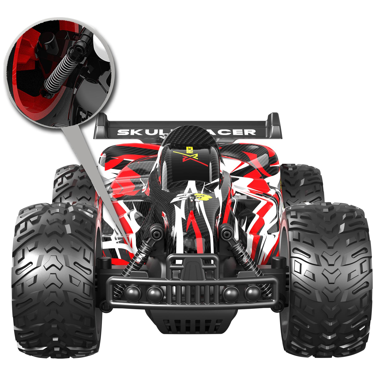 Front view of a red and black remote-controlled car, with a zoomed-in inset showing the shock absorber.
