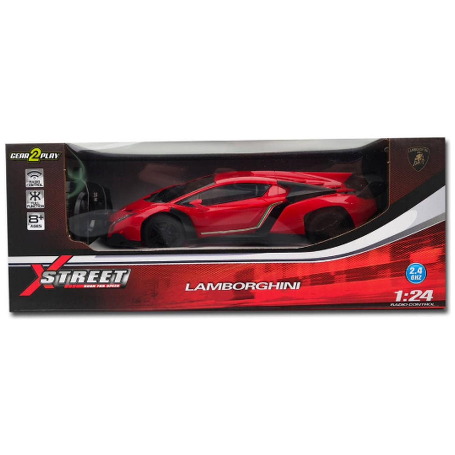 A red Lamborghini toy car in a red and black box with 'X Street' branding.