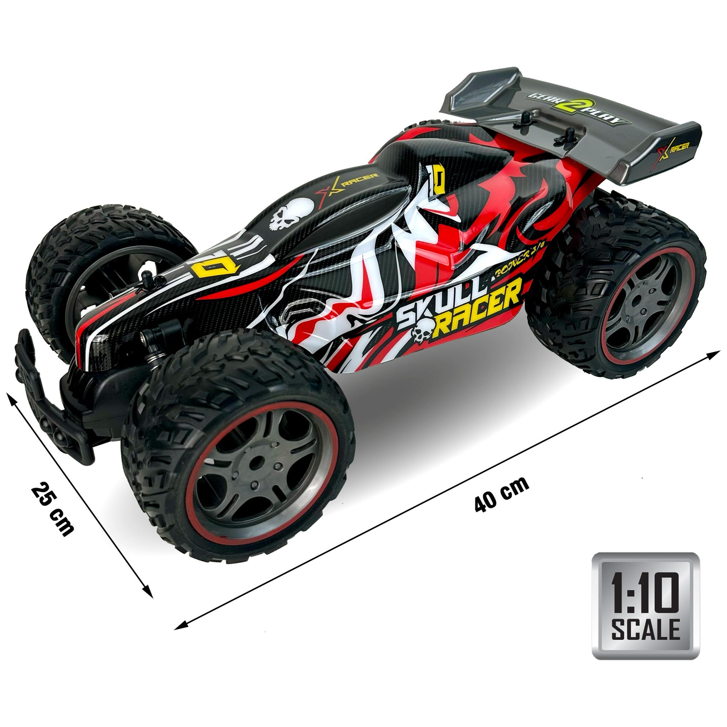 A 1:10 scale Skull Racer RC buggy measuring 40x25 cm is displayed against a white background.