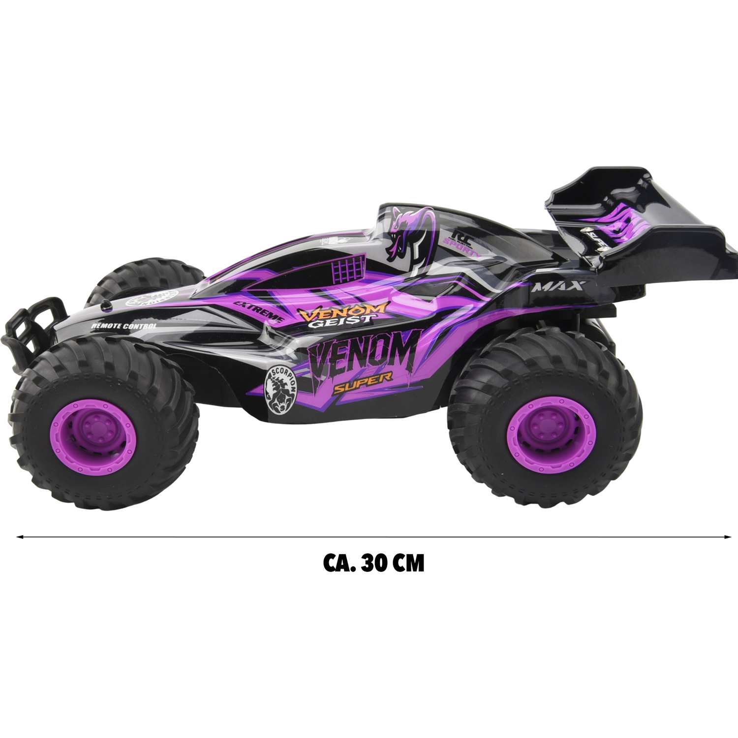 A black and purple RC monster truck with large tires, measuring about 30 cm long.