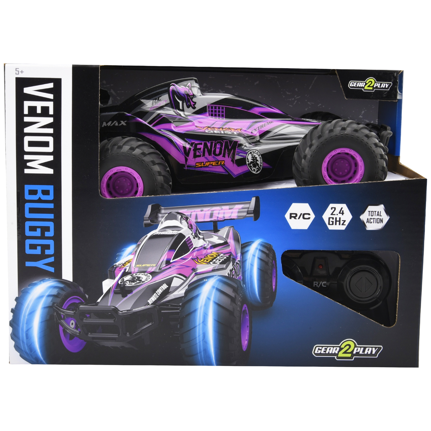 Packaging for Venom Buggy RC car in black and purple with large tires, remote, and Gear 2 Play branding.