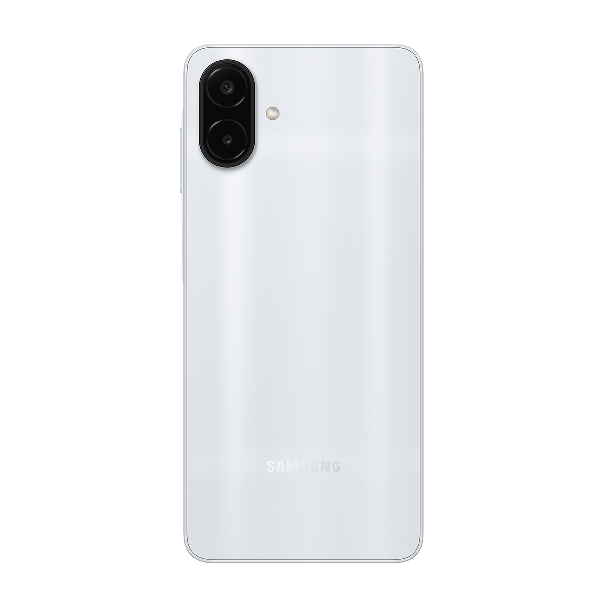 Sol üstte iki dikey kamera ve altta Samsung logosu bulunan beyaz bir akıllı telefonun arkası.