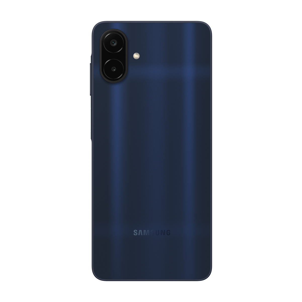 Dikey konumda iki kamerası ve Samsung logosu bulunan mavi renkli bir Samsung akıllı telefonun arka yüzü.