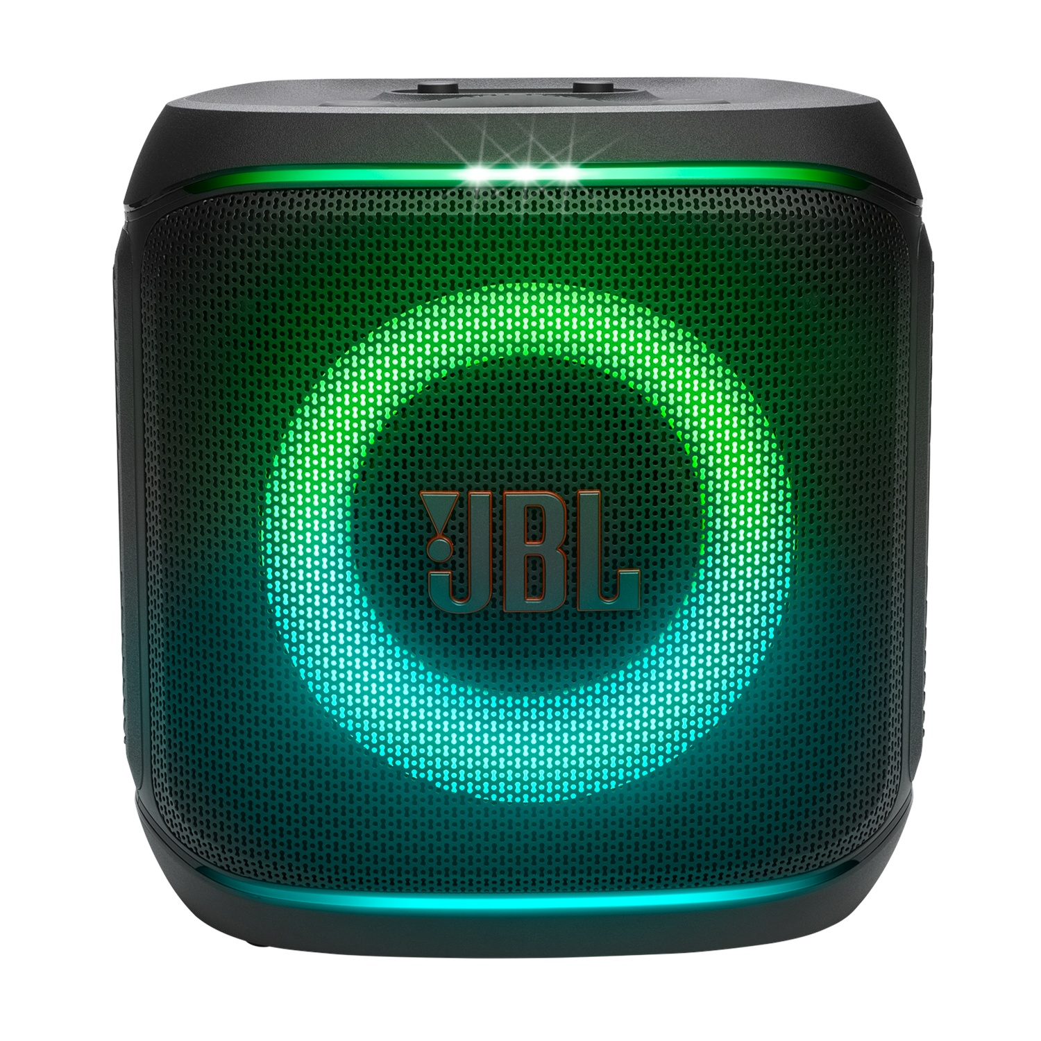 Zwarte JBL Bluetooth-speaker met een heldergroene cirkelvormige led-verlichting op het voorrooster.