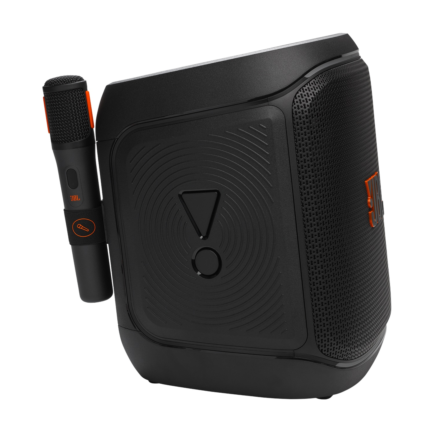 Een zwarte draadloze JBL-luidspreker met een zwarte en oranje microfoon aan de zijkant, op een witte achtergrond.